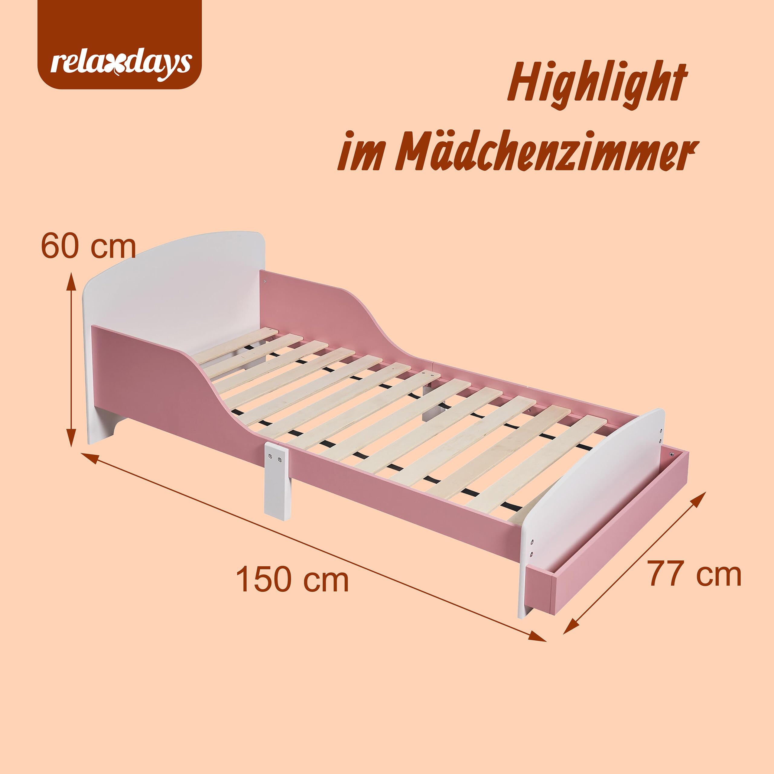 Relaxdays Kinderbett, 70x140 cm, Kleinkindbett mit Rausfallschutz, Lattenrost, Ablage, Kinderzimmer Bett, MDF, rosa/weiß