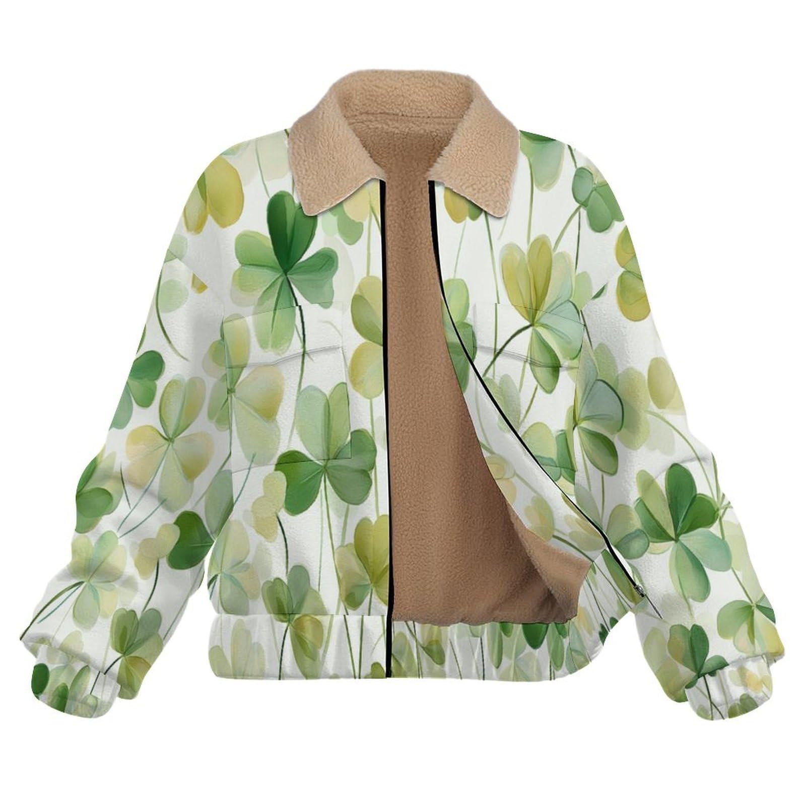 Giacca da Donna Pile con Zip, Giacche Giacca Trifoglio Teddy Versione, Loose del pianta Cappotto a Maniche Lunghe Autunno e Inverno Caldo Cappotto