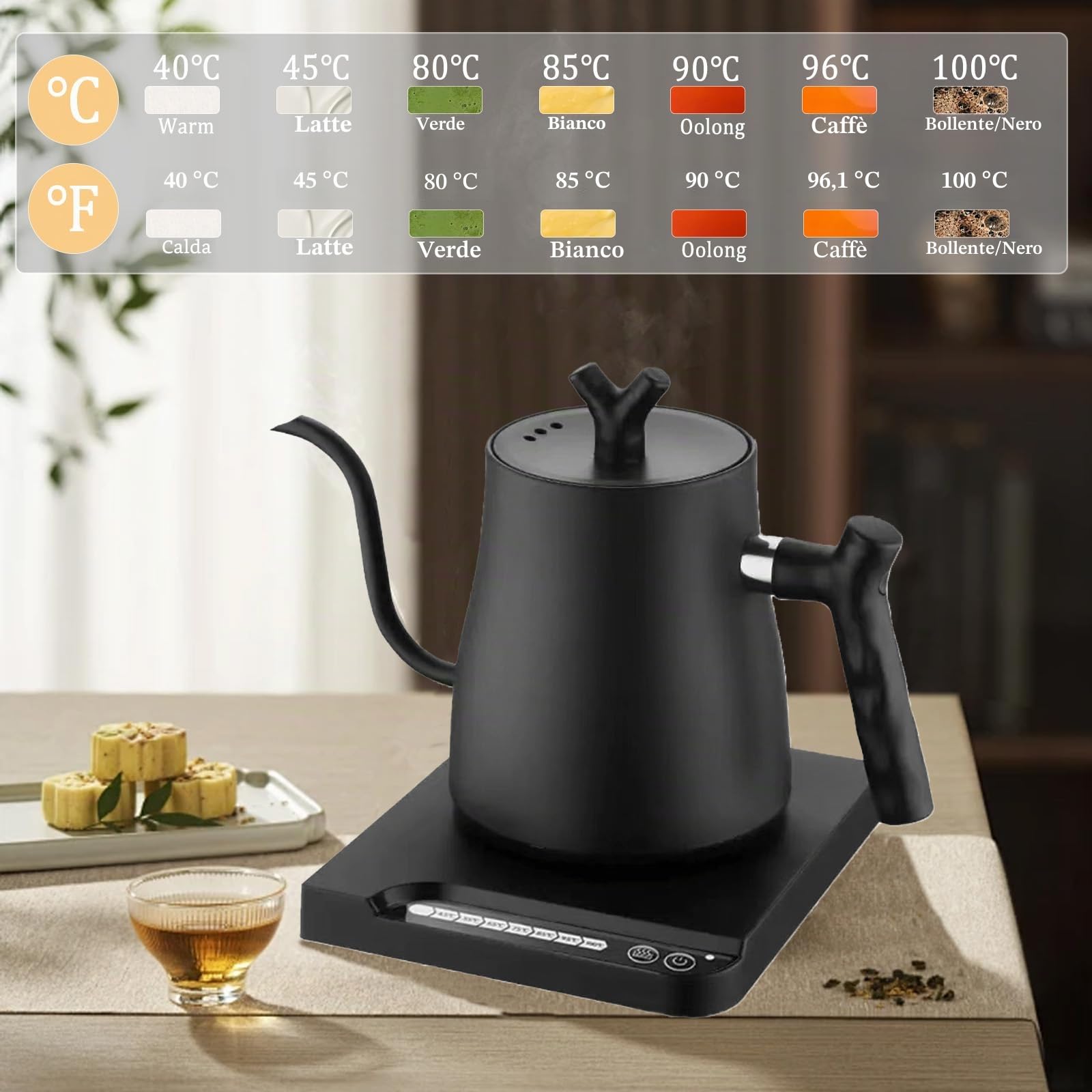 Bollitore Elettrico a Collo di Cigno 1 L,1000 W Bollitore intelligente a Collo di Cigno con Controllo a 7 Temperature&Funzione Mantenimento Caldo,Riscaldamento Rapido per la Preparazione di Tèe Caffè