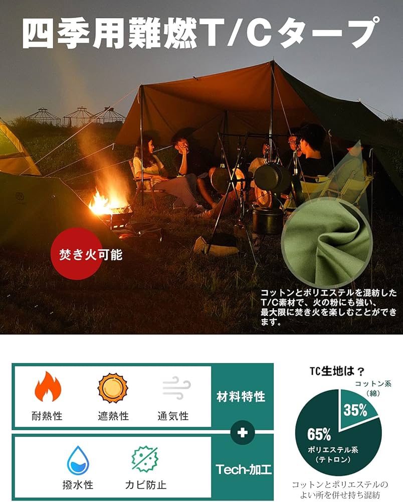 Amazon | 【ポール付き】TC難燃タープ変幻自在 3.78*2.88m 軍幕