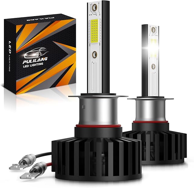 Pulilang H1 LED Headlight Bulbs, H1 LED High Beam 60W(2x30W) 12000LM (2x6000LM) 6500K Cool White, 300% Brightness Super Bright 1:1 Mini Design Car Replacement Lights of Halogen and Xenon Kit 2 Lamps