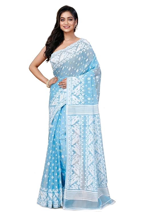OISHANI SAREE GHOR Women’s Traditional Bengal Cotton Silk Jamdani Saree – Light Sky