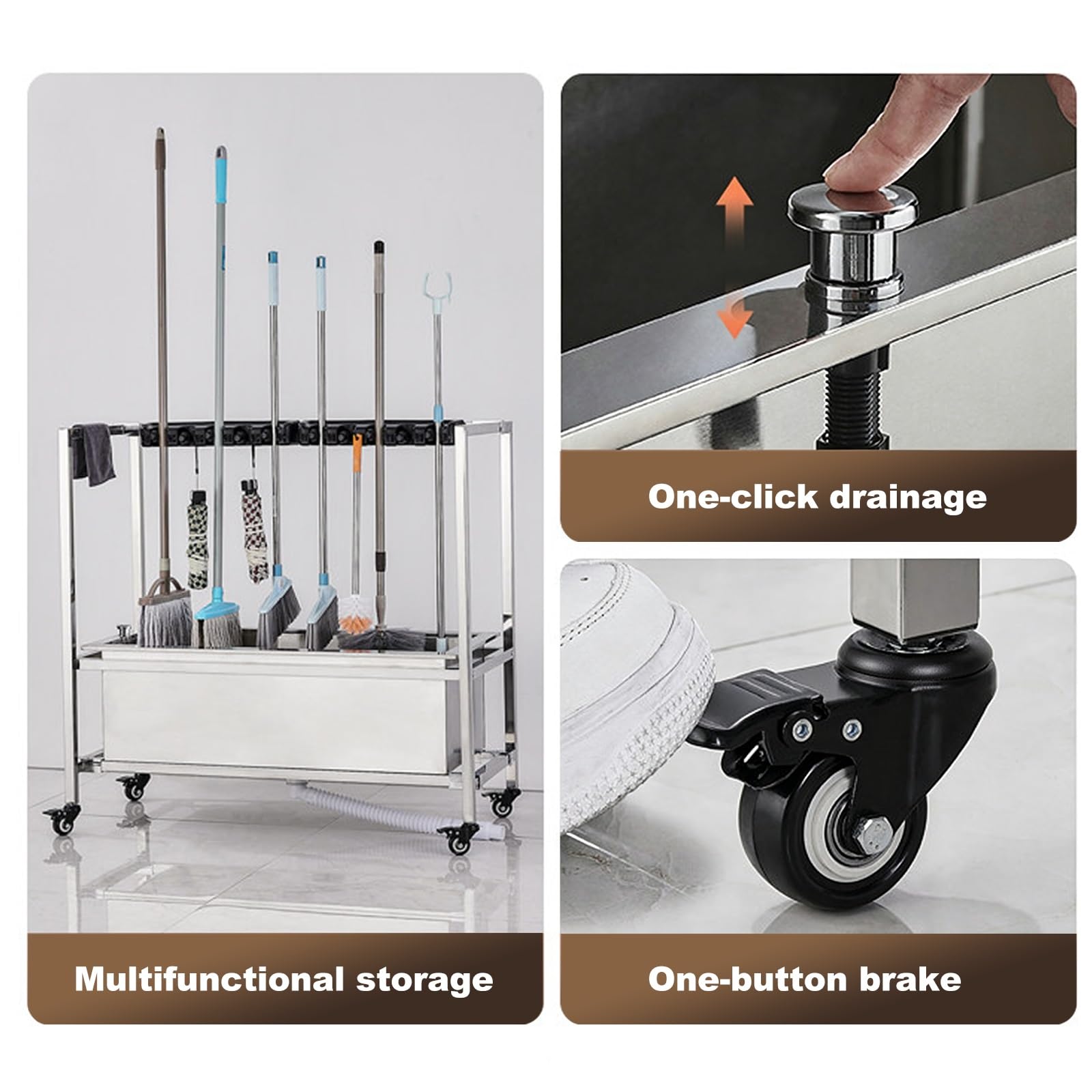 Mobiler Reinigungswagen,Mobiler Mopphalter,Gartengeräte Halterung,Reinigungswerkzeug Aufbewahrungsständer,für Garage Zuhause Schule,Große Reinigungsstation(73x45x98cm(29x18x38in))