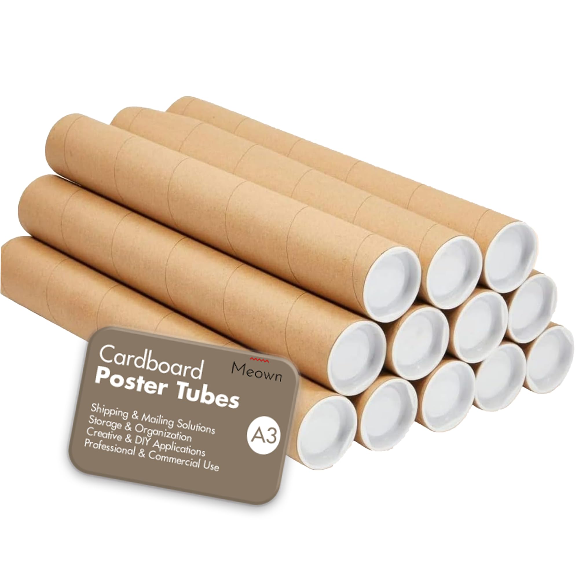 Meown A3 Postal Tubes, Cardboard Mailing Tubes with Secure Plastic End Caps, Strong 330mm x 50mm Round Poster Tubes, Ideal for Art Prints, Posters, Blueprints, Storage & Shipping (Pack of 5)