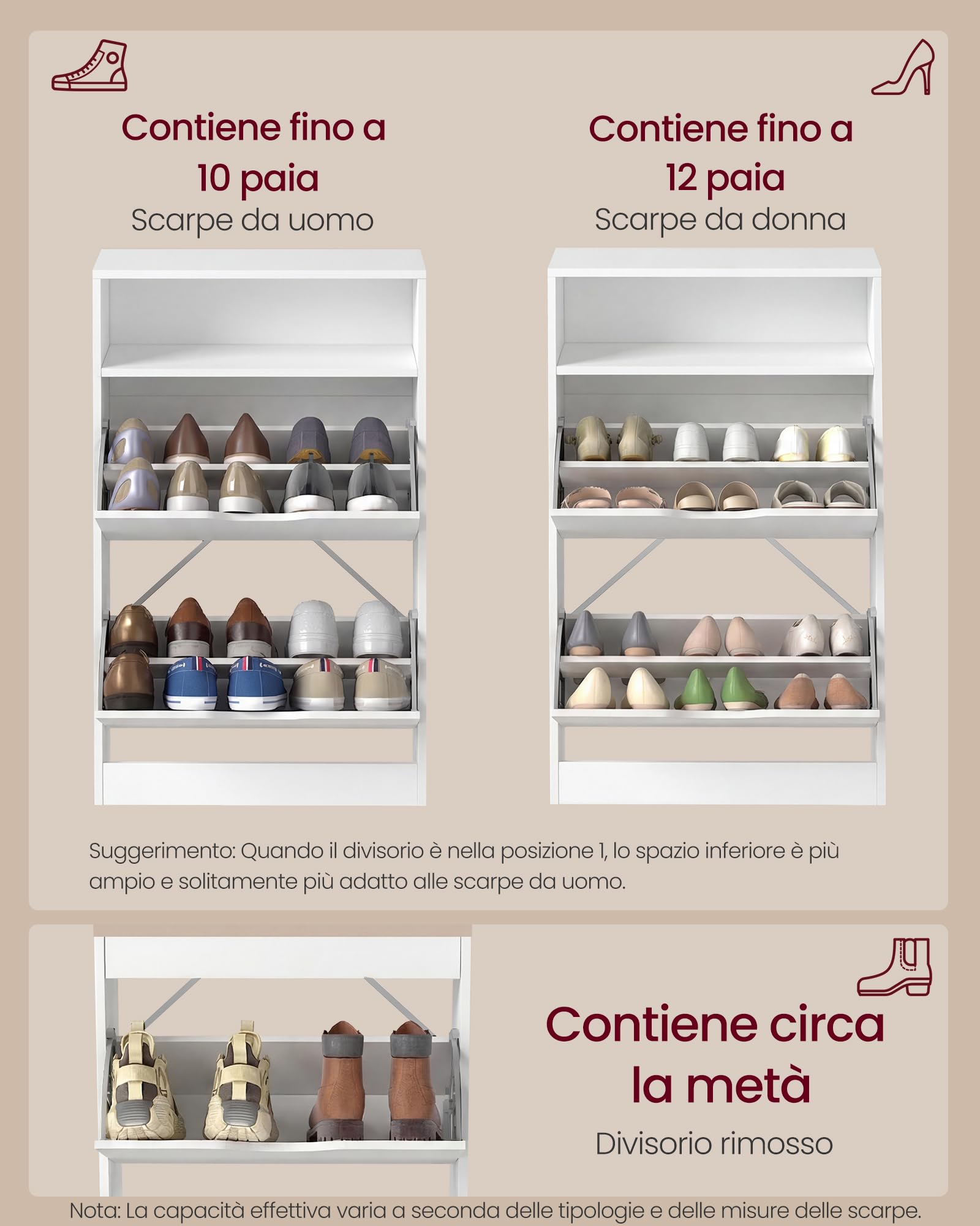 VASAGLE Scarpiera a 2 Ante a Ribalto, Scaffale Portascarpe, Scomparto Aperto, Divisorio Regolabile, 8-12 Paia, per Piccoli Ingressi, 24 x 60 x 102 cm, Bianco Nuvola LBC040W01