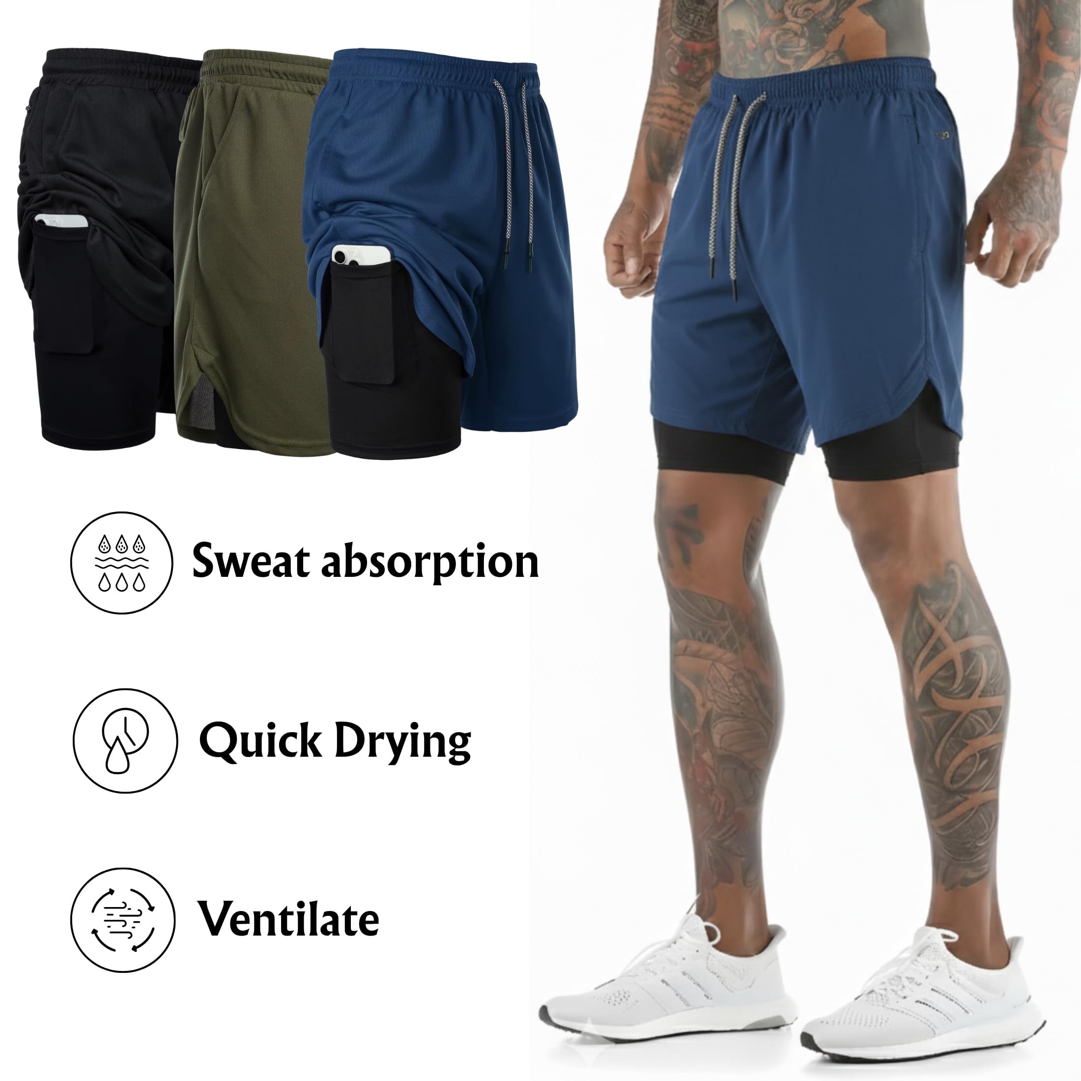 Genérico Lot de 3 shorts de sport 2 en 1 avec maille de compression interne, résistants et respirants pour gym, crossfit, course à pied, padel