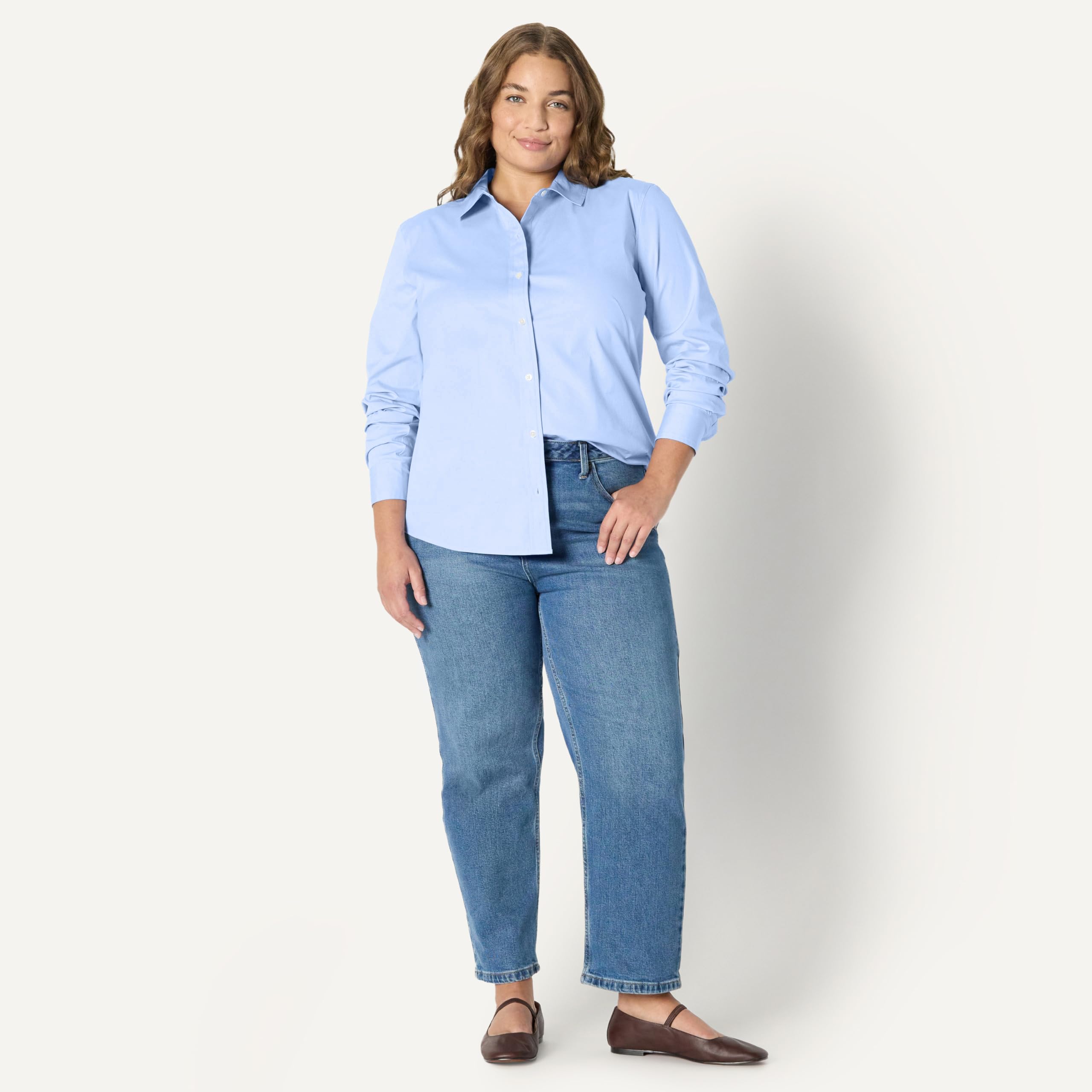 Amazon Essentials Donna Camicia Elegante dalla vestibilità Aderente con Bottoni, in Popeline Elasticizzato
