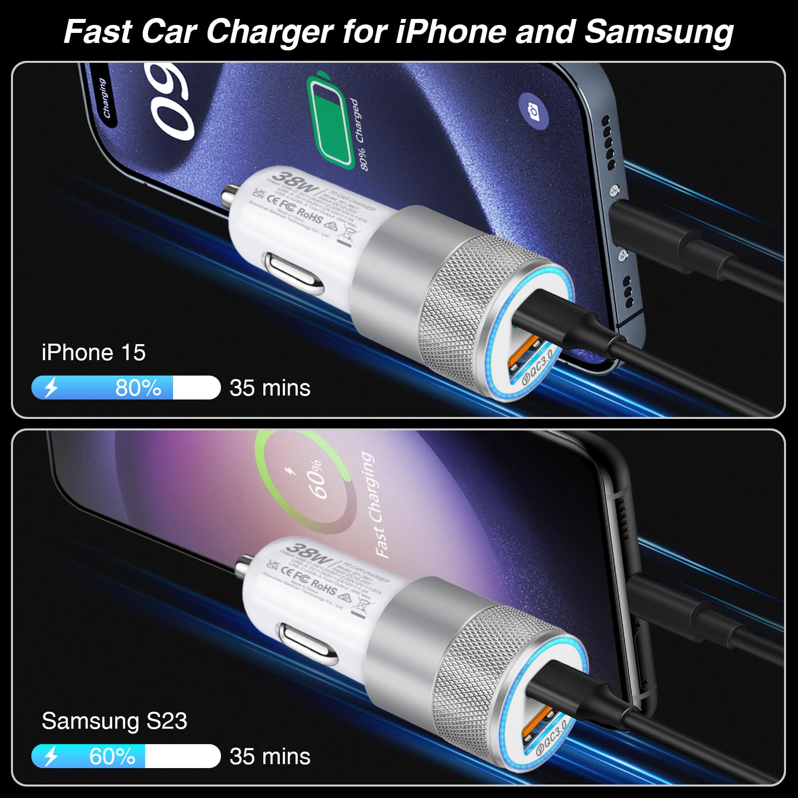 Cargador de coche, paquete de 5 adaptadores de encendedor de cigarrillos de 38 W de doble puerto, color blanco