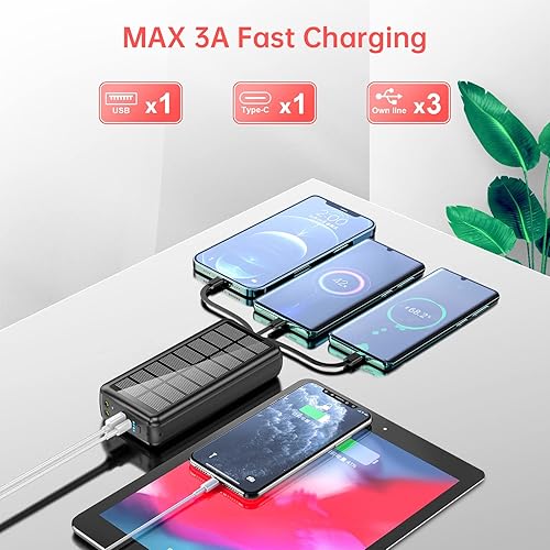 Miniatura 4 de Cargador portátil con cable integrado y enchufe de pared 50000mAh PD30W Banco de energía solar de carga rápida con 5 salidas y 2 entradas, linternas