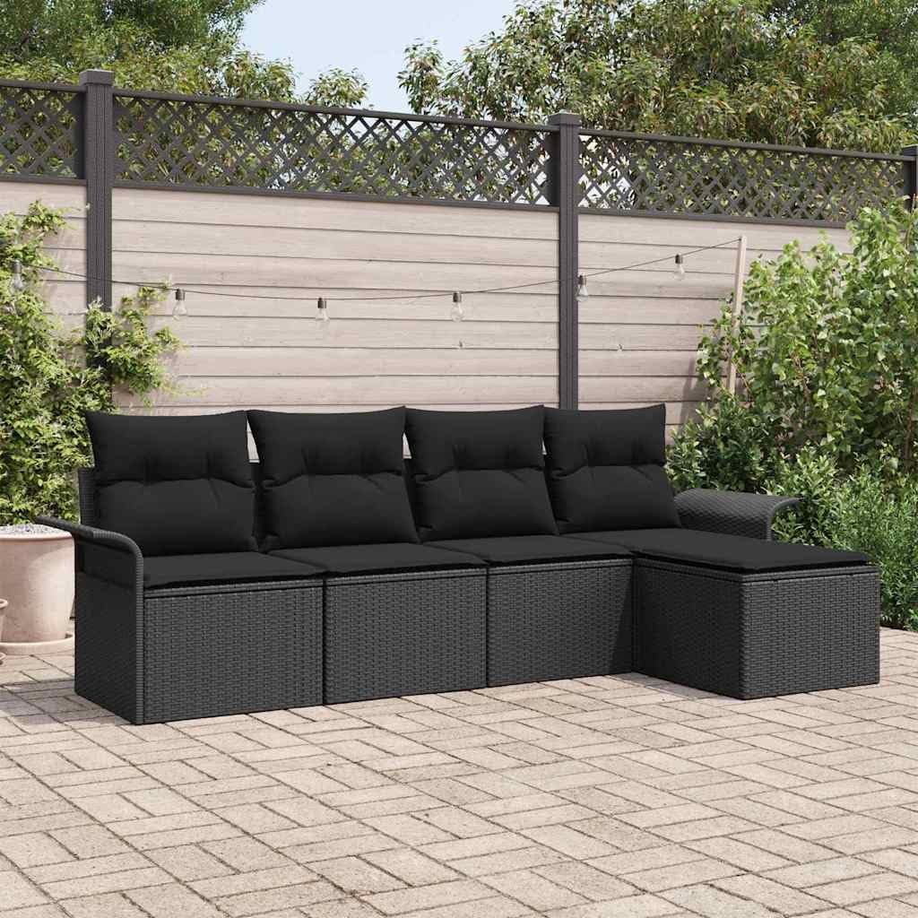 Ensemble de canapé de jardin avec coussin 5 pcs Noir polyrotin Salon de jardin modulable en polyrotin et acier résistant aux intempéries avec table en verre trempé pour patio terrasse extérieur