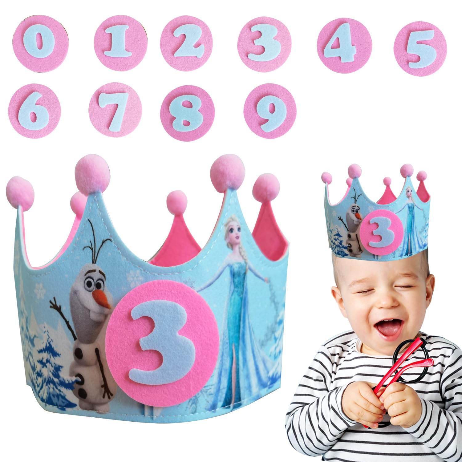 SCOOVY Corona de Infantil Cumpleaños, 1 Año con 9 Números Intercambiables,Velcro Resistente - Quita y Pon - Tela sin Durezas, Gorro Infantil, Corona Primer Cumpleaños Niño, Niña y bebe