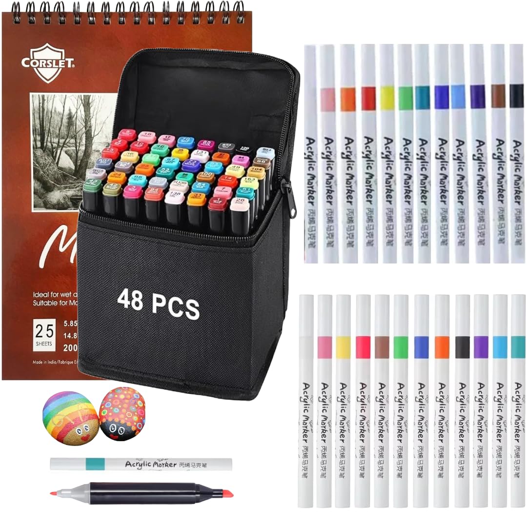 Corslet 73 Pcs Drawing Marker Set, 48 Dual Tip Alcohol Markers, 24 Acrylic Paint Markers with Marker Pad, Sketch Pens, Marker Colour Set for Drawing, Coloring, Art Supplies for Kids & Adults