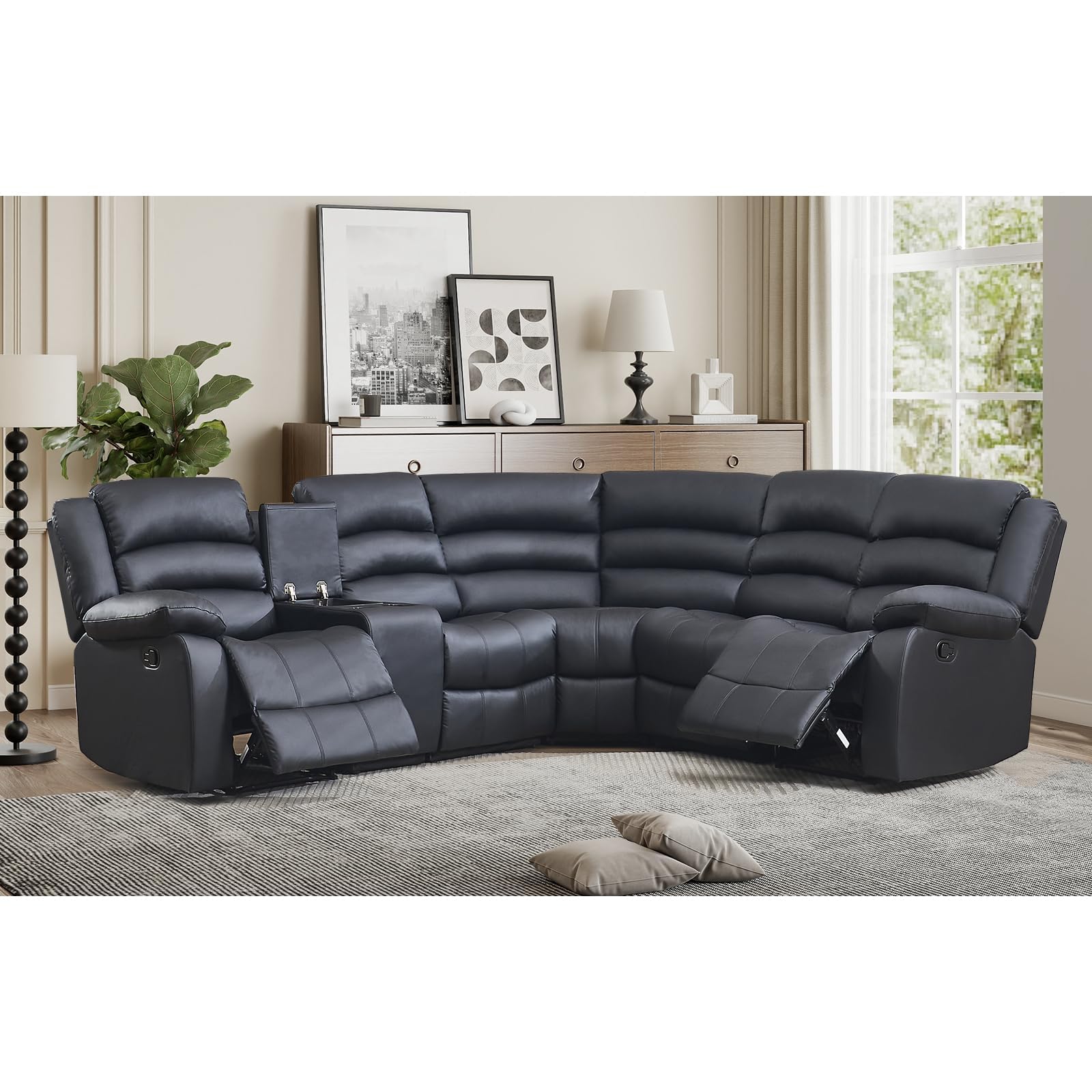 EBELLO Faux Leather L-Shaped Reclining Sectional Sofa Couch, Manual Recliner Sofa, with Cup Holders, Storage Space, a Convertible Backrest 5 Seats Home Furniture Set for Living Room, Black view 8