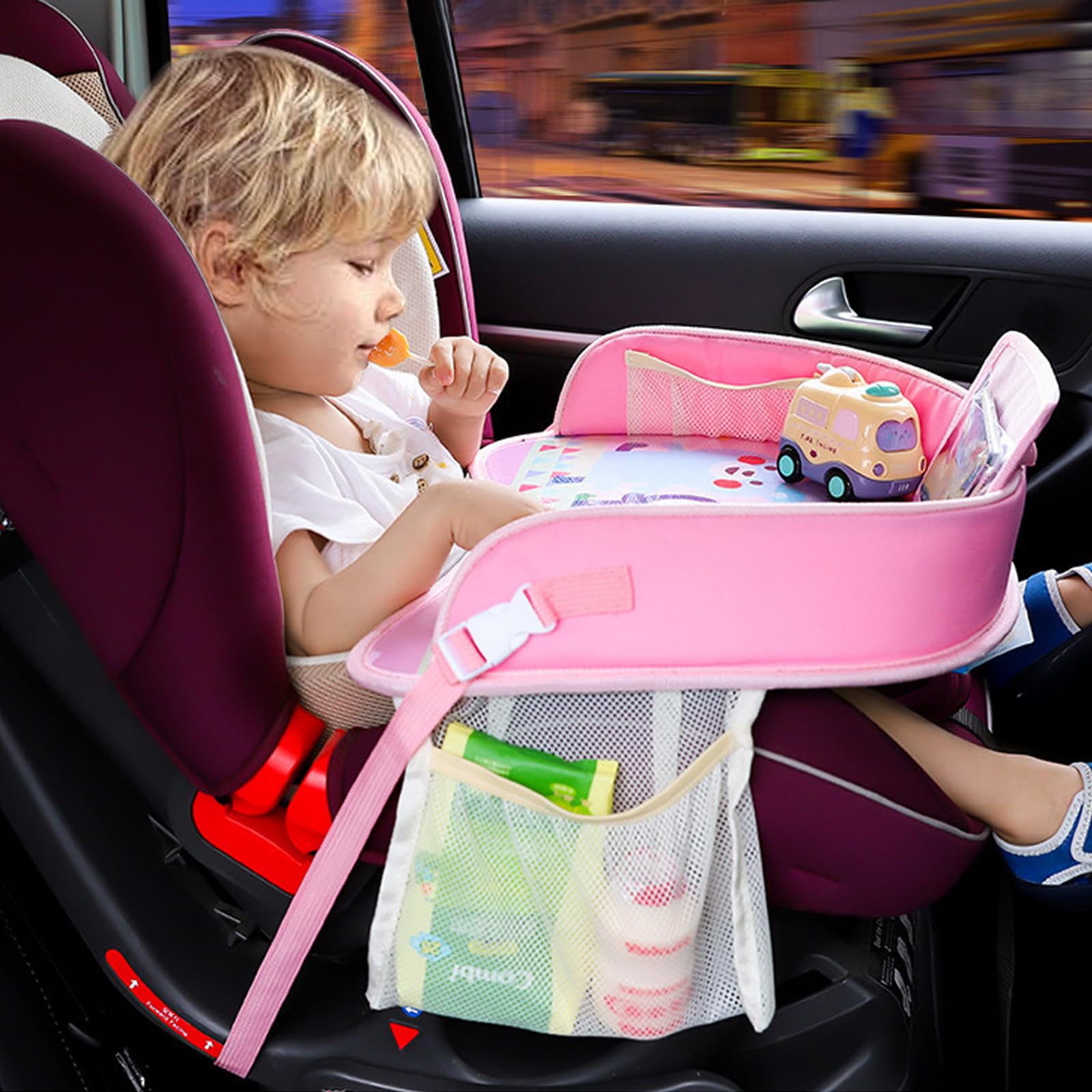 Tavolo da viaggio per bambini, con organizer per auto, aereo, passeggino, lavabile