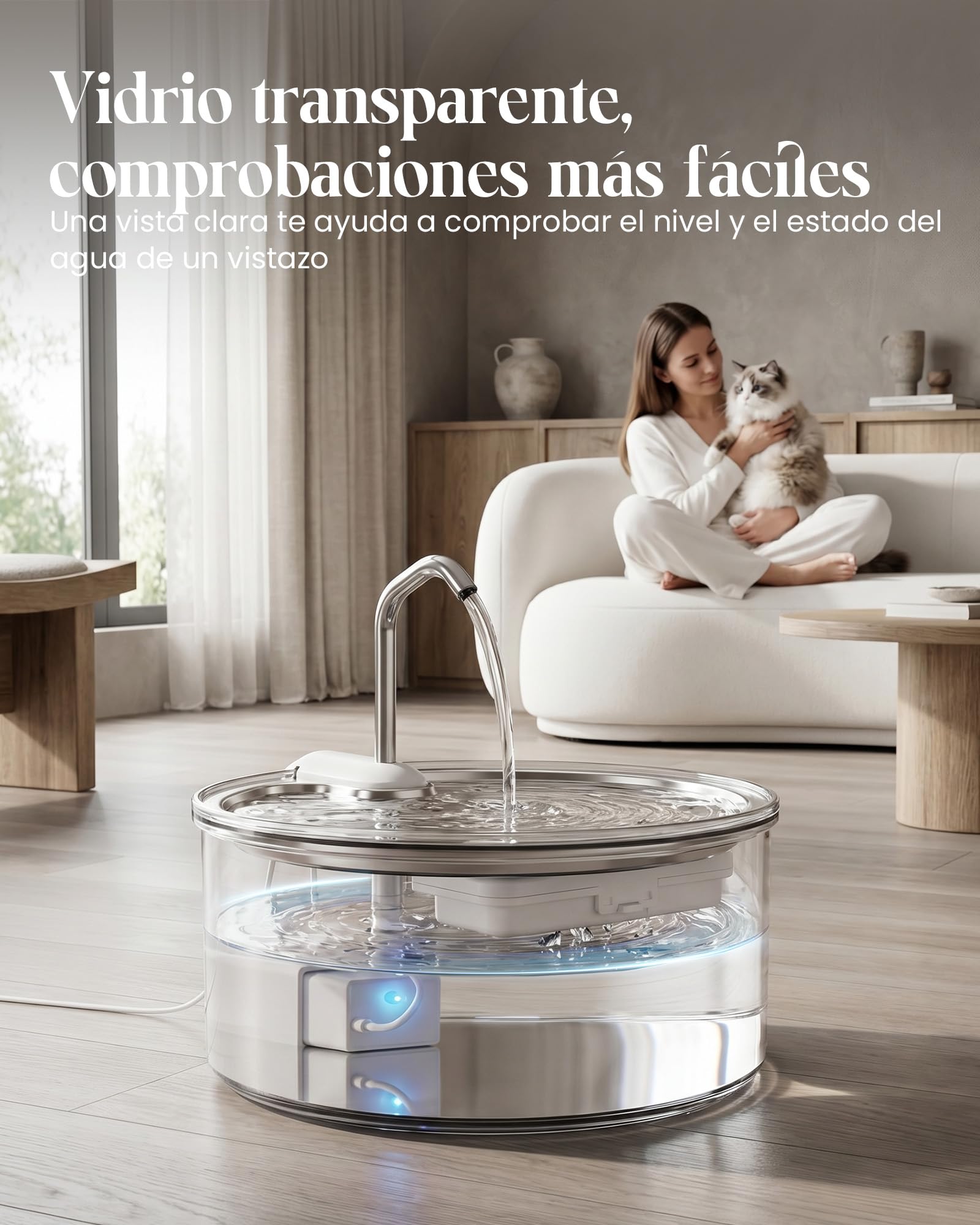 Tomxcute Fuente de Agua de Vidrio de 3,2 L para Gatos y Perros Pequeños | Nivel de agua visible, Súper Silencioso, diseño con grifo y mantenimiento sencillo