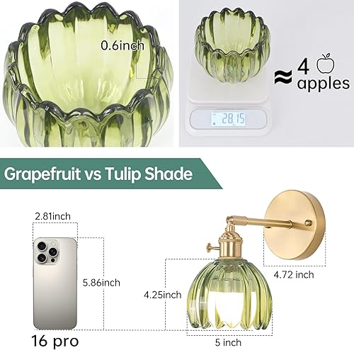 Miniatura 4 de Aplique de pared vintage a pilas con bonita pantalla de cristal de tulipán verde, inalámbrico, recargable, funciona con pilas, con control remoto,