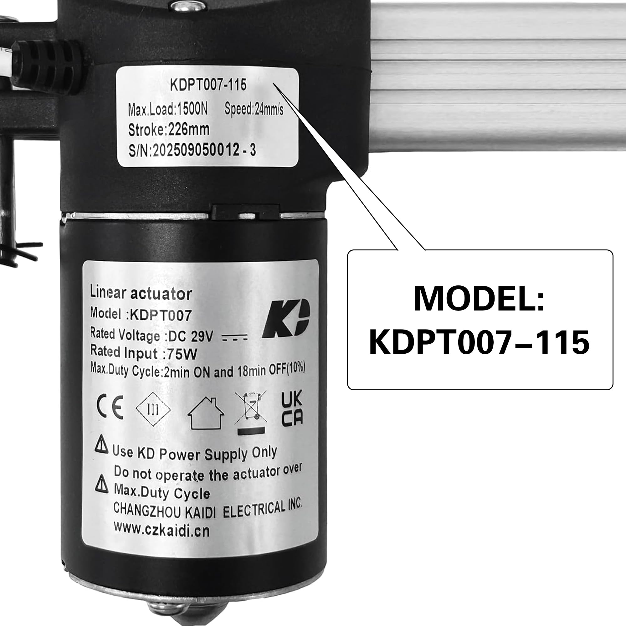 Actuador lineal Kaidi modelo KDPT007-115 Motor de sillas elevadoras reclinables eléctricas | Reemplazo de Limoss 451615, carrera: 226 mm, tamaño mínimo de instalación: 150 mm, repuesto del motor de sofá eléctrico