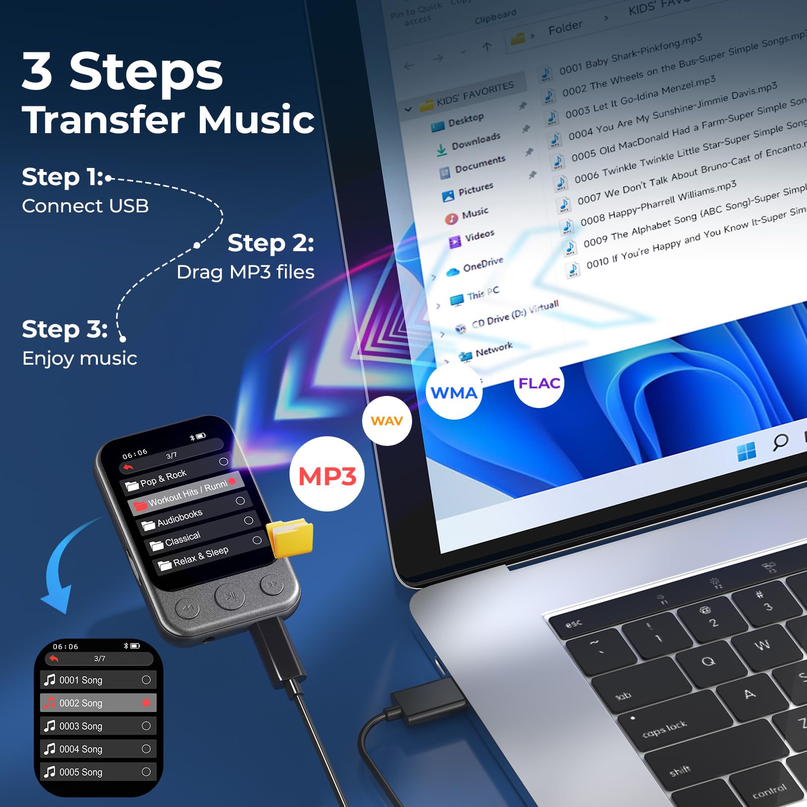 64GB Lettore MP3 Bluetooth 5.3 con Clip e Altoparlante, Lettore Musicale Sportivo con Touchscreen e Tasti, Controllo Volume Indipendente, Radio FM, Registrazione Vocale, Espandibile fino a 128GB | Musica senza smartphone, leggero da 37 g, facile da usare,