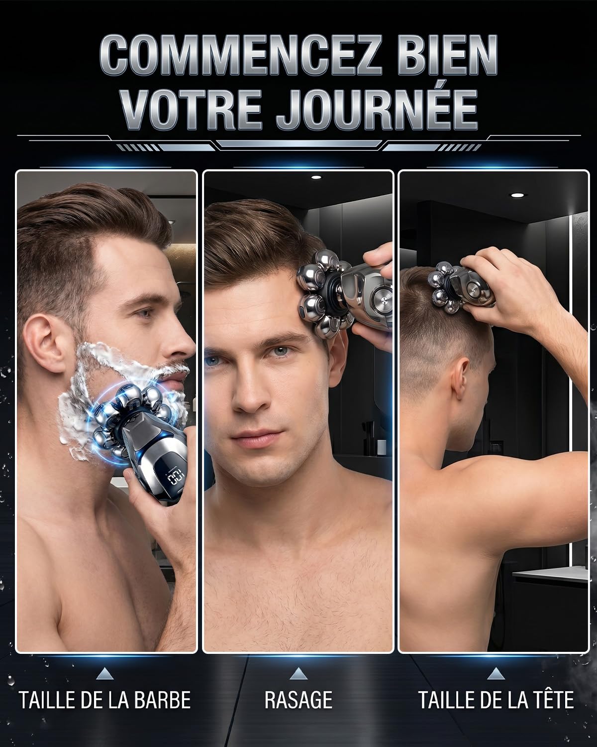 Rasoir Tete Chauve Homme, Rasoir 7D Amélioré pour Hommes Chauves, Rasoir Électrique IPX5 Étanche Humide & Sec avec Écran LED, Chargement USB-C Kit Rasage Portable pour Visage et Coiffage Chauve