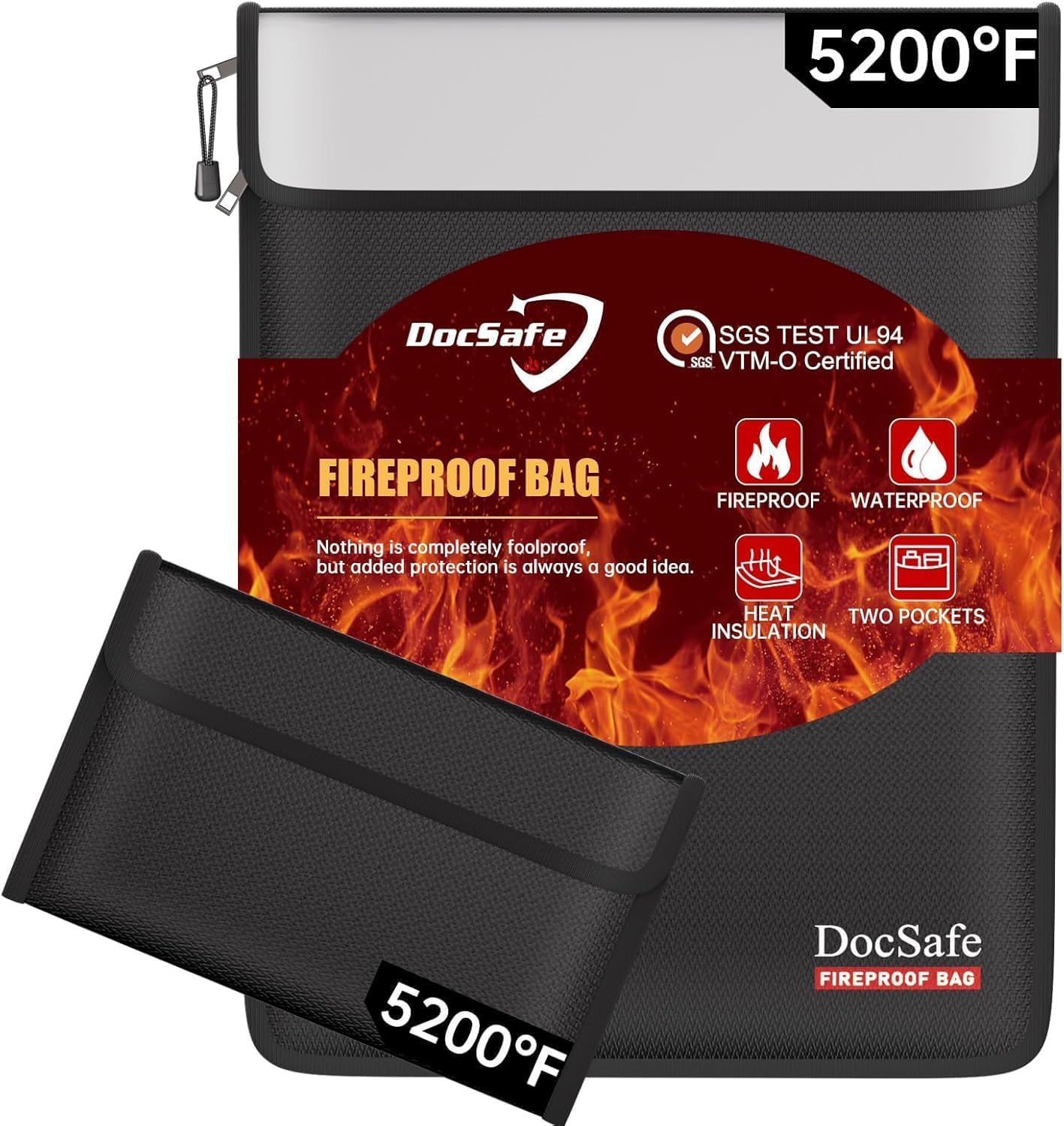 Fireproof Document Bag,15.5" x 11.5"Non-Itchy Silicone Coated Fire＆Water Resistant Safe Bag A4 Files with Zipper,Large 8 Layers Fireproof Money Bags for Jewelry,Cash&Valuables,2 Pcs,Black
