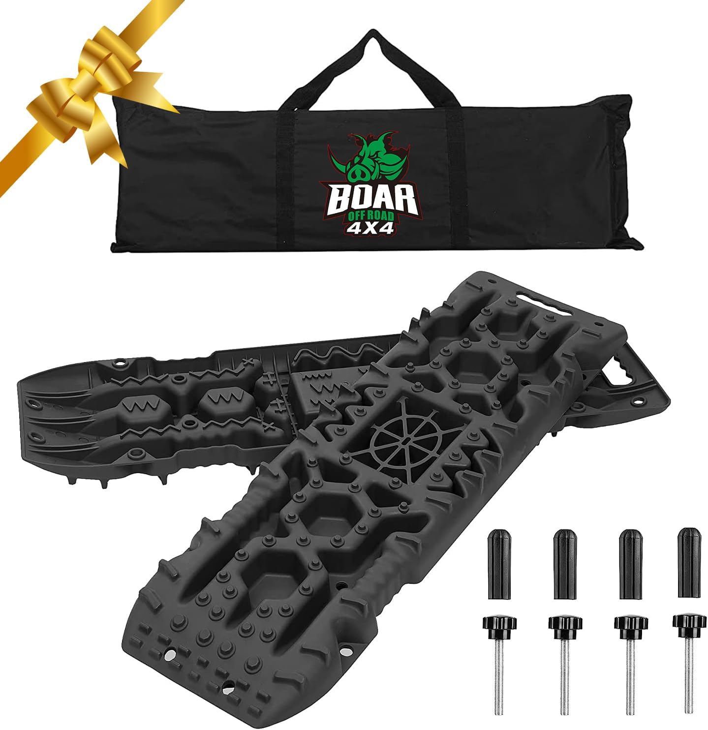 OFF ROAD BOAR Traction Boards, 2 Pcs Recovery Boards with Jack Lift Base, 4WD Recovery Traction Tracks with Bag for Snow, Sand, Mud (Black)