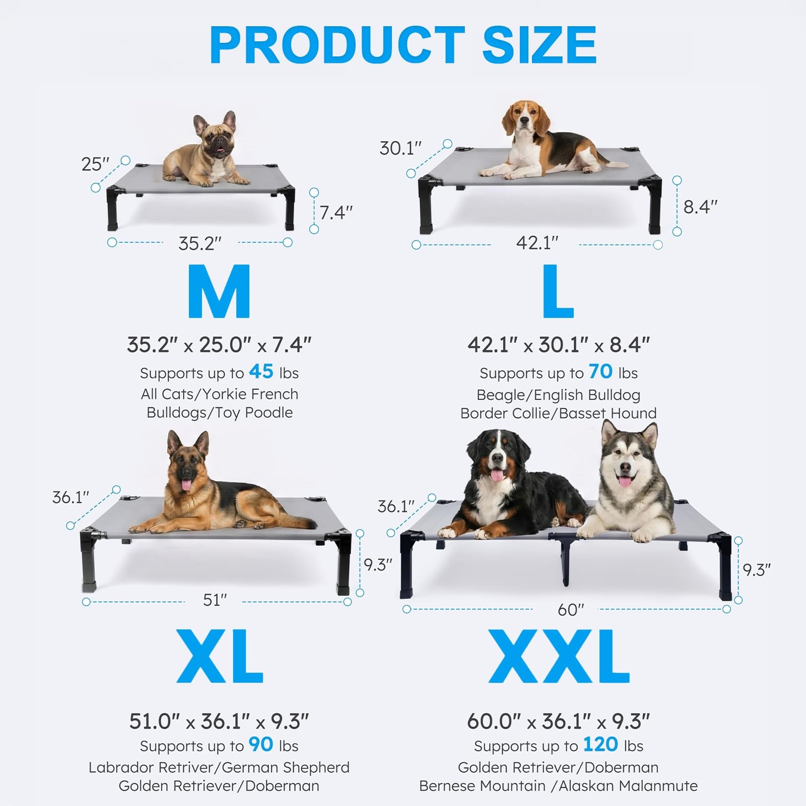 Niubya Hundeliege Outdoor Grosse Hunde XXL 153x92×24 cm - Hundeliege in und Outdoor Garten, Erhöhtes Hundebett für draußen Camping erhöhtes Hundebett, Größe für Hunde maximal 55 kg, höhe in 24cm