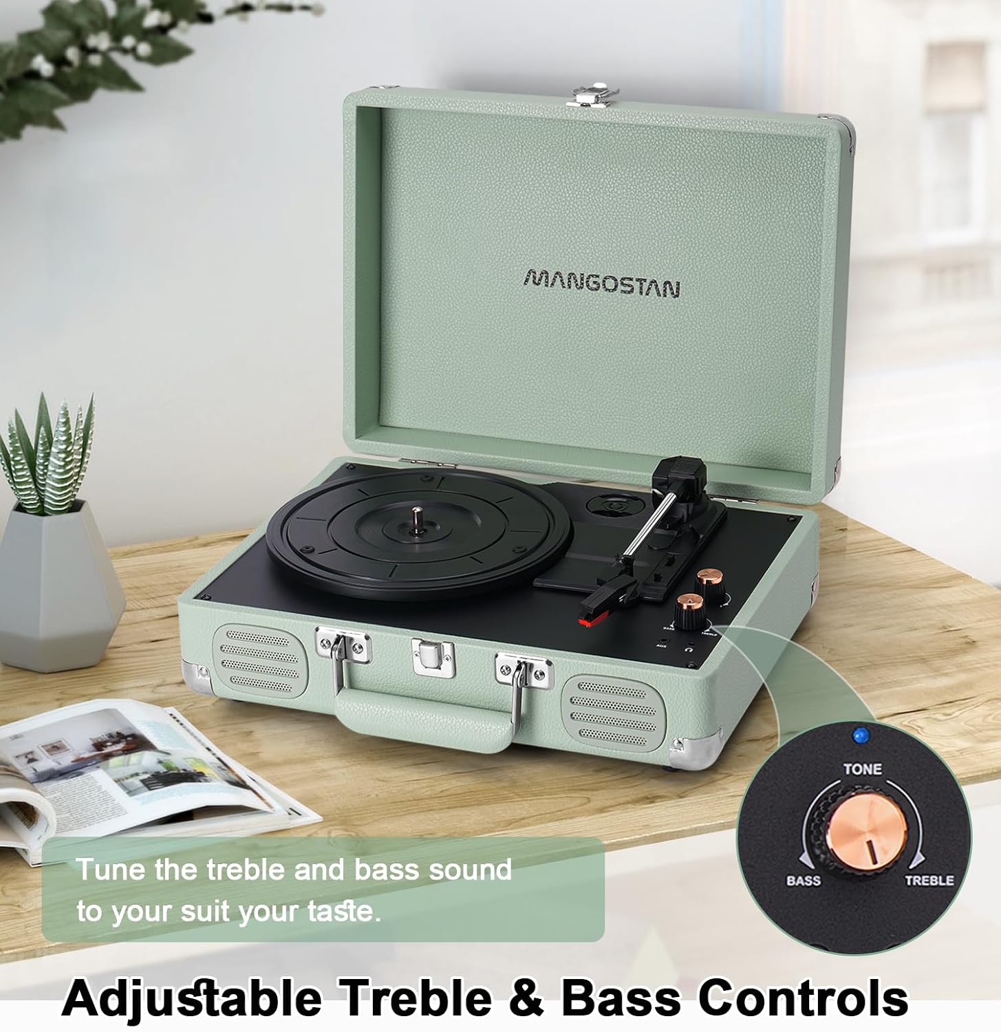 Record Player 3 Speed Bluetooth Portable Suitcase, Vinyl Phonograph with Built-in Bass & Speakers, Belt-Driven LP Player Support AUX-in RCA Line Out Headphone Jack, Green