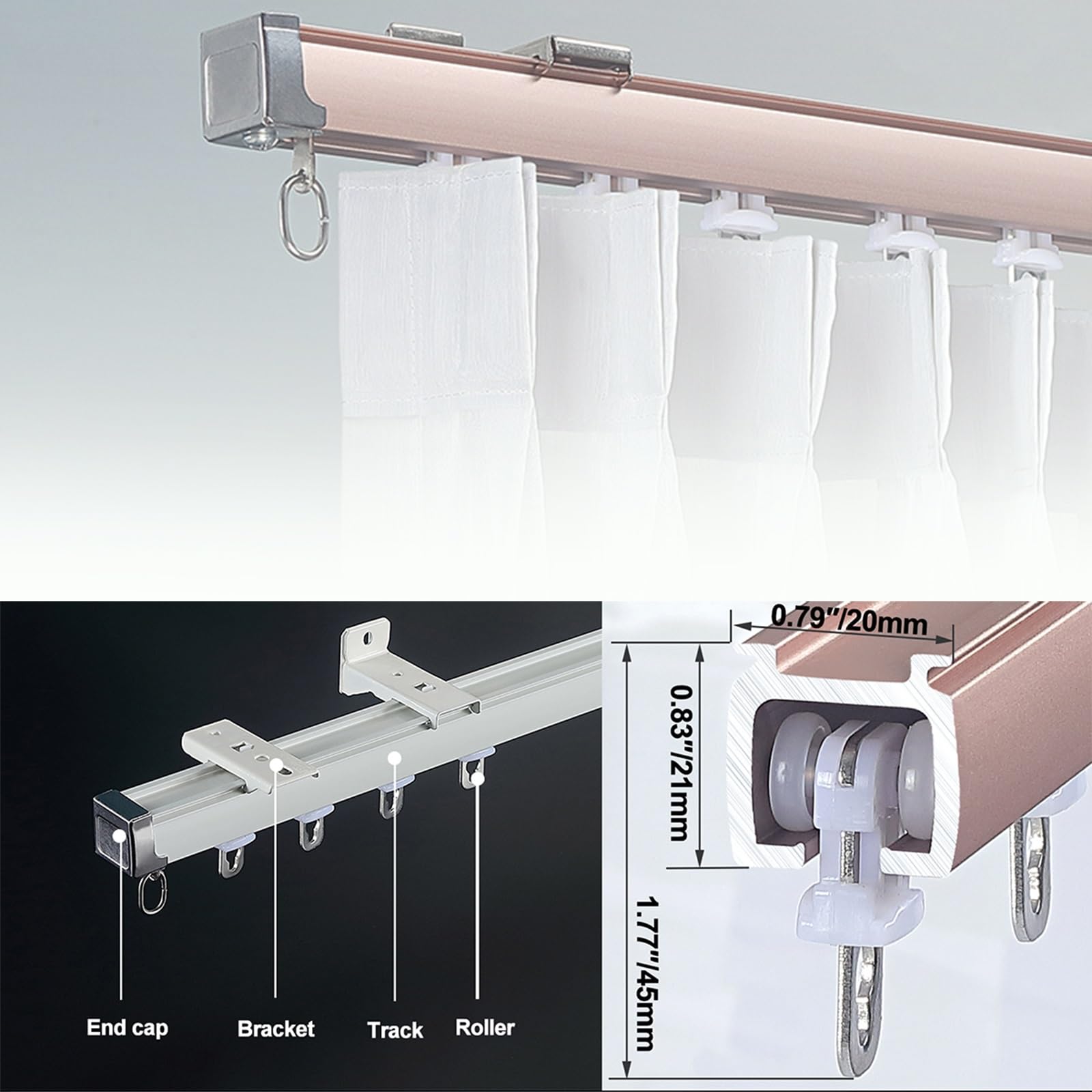 Rail Rideaux Plafond Rail de Rideau Robuste, Rail Pour Rideaux Kit en Aluminium à Montage au Plafond ou au Mur, avec Kits Complets(Pink-Ceiling,4.5m(3 * 1.5m))