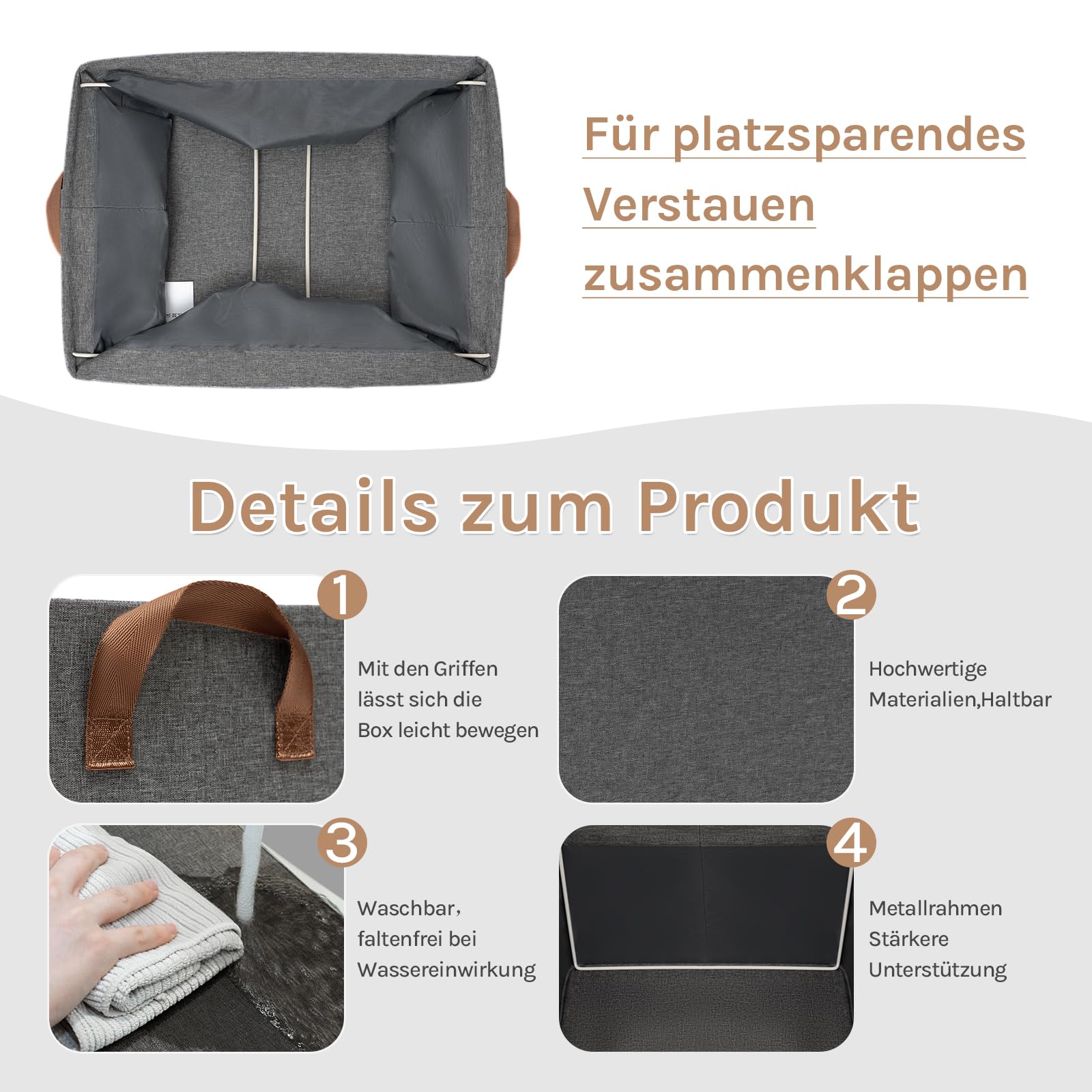 WOLTU Faltbare Aufbewahrungsboxen 10 Stück, mit Griffen, Grau, 47x28x20cm | aus Polyesterstoff, für Schlafzimmer, Arbeitszimmer, Wohnzimmer, für Kleidung Spielzeug, Organizer Box mit Griffen, faltbar,