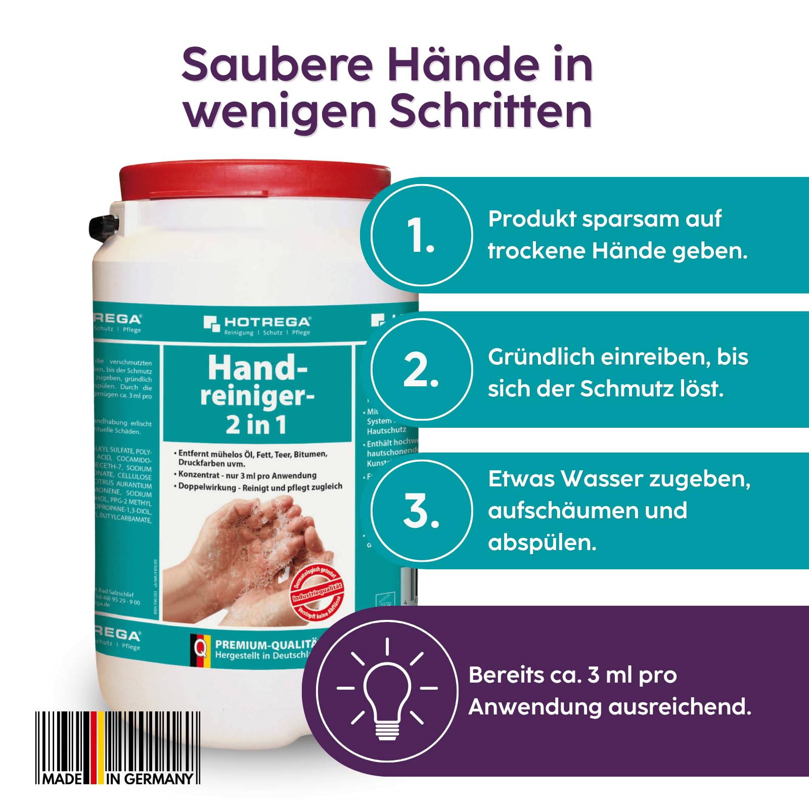 HOTREGA Handreiniger 2in1 6x 3L | Profi Handwaschpaste mit Rückfettung | Kraftvolle Reinigung ohne Mikroplastik | Natürliches Maismehl Reibemittel | pH-hautneutral | Werkstatt & Garten | 18 Liter