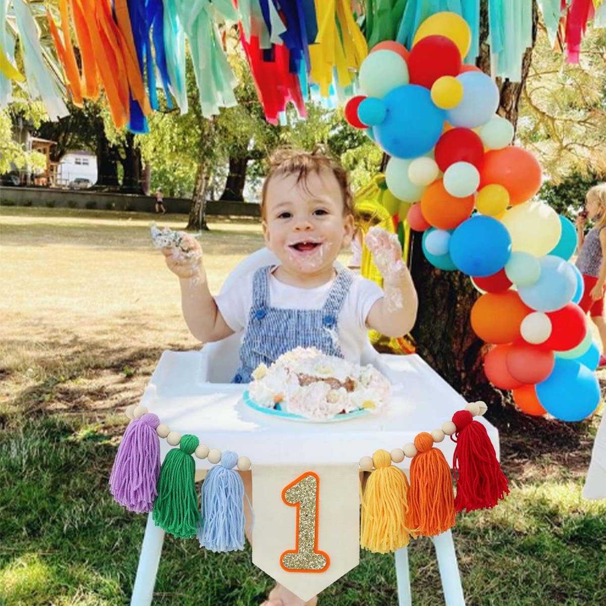 HODIHIWI Handmade Rainbow 1st Birthday HighChair Banner Colorful Party Decoration For Girls Boys Baby Shower Wall Hangings Decorative