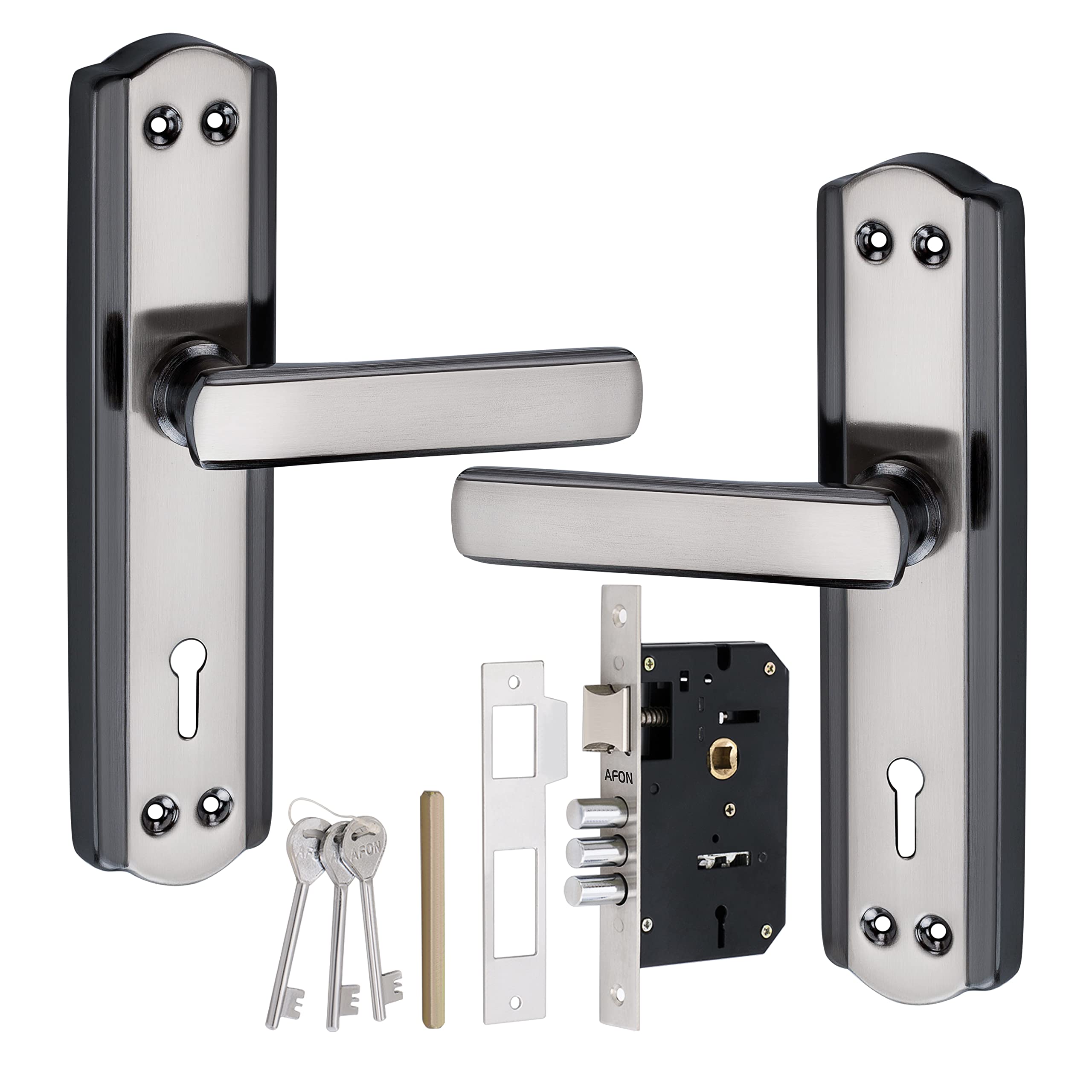 AFON 7 inches Mortise Iron Handle Set with Lock Body | Black Silver Finish | 3 Keys | 6 Lever 70 mm Double Turn Bullet Lock Set for Door, (MH-PC302-KY-BS)