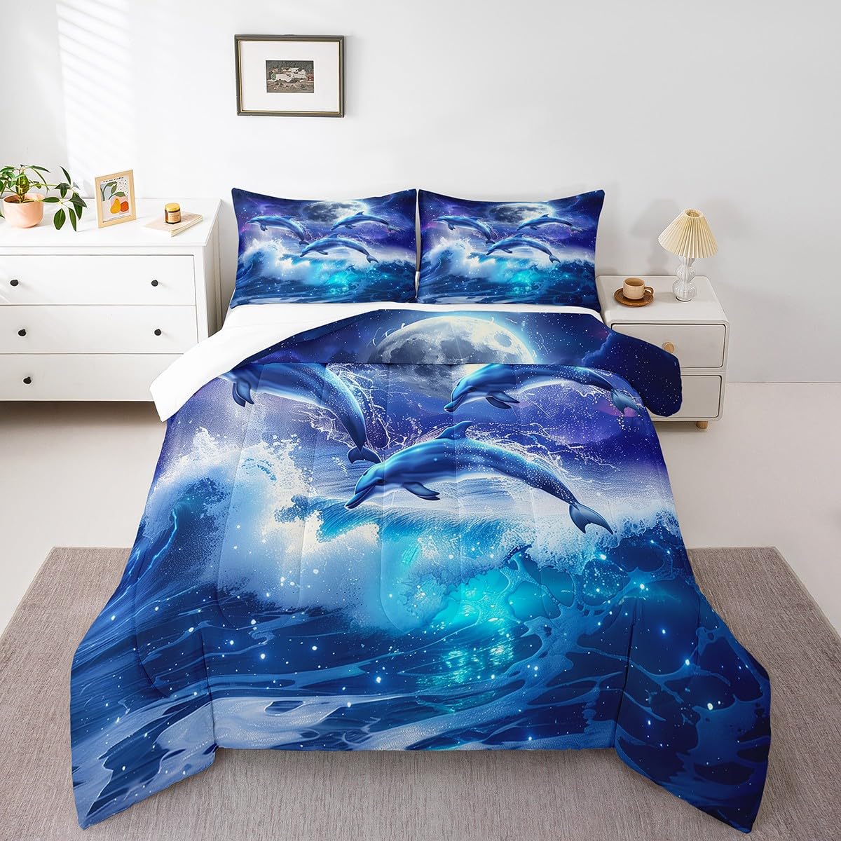 Castle Fairy Dolphin Jumping Bedding Set Queen Size Ocean Sea Wave Comforter for Child Toddler Teens Dreamy Moon Night Down Comforter Cute Marine Life Duvet Insert with 2 Pillowcases