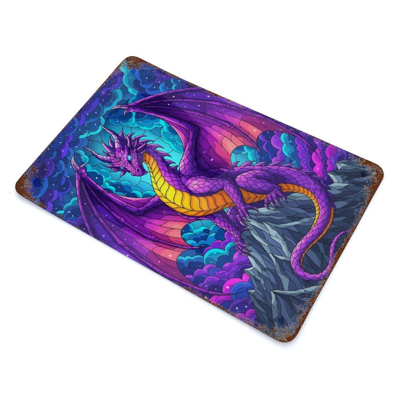Purple Dragon on Mountain Peak Rust Effect Tin Sign 11.8"x7.9", Rustic Home Decor for Garage, Bar And Workshop Decor