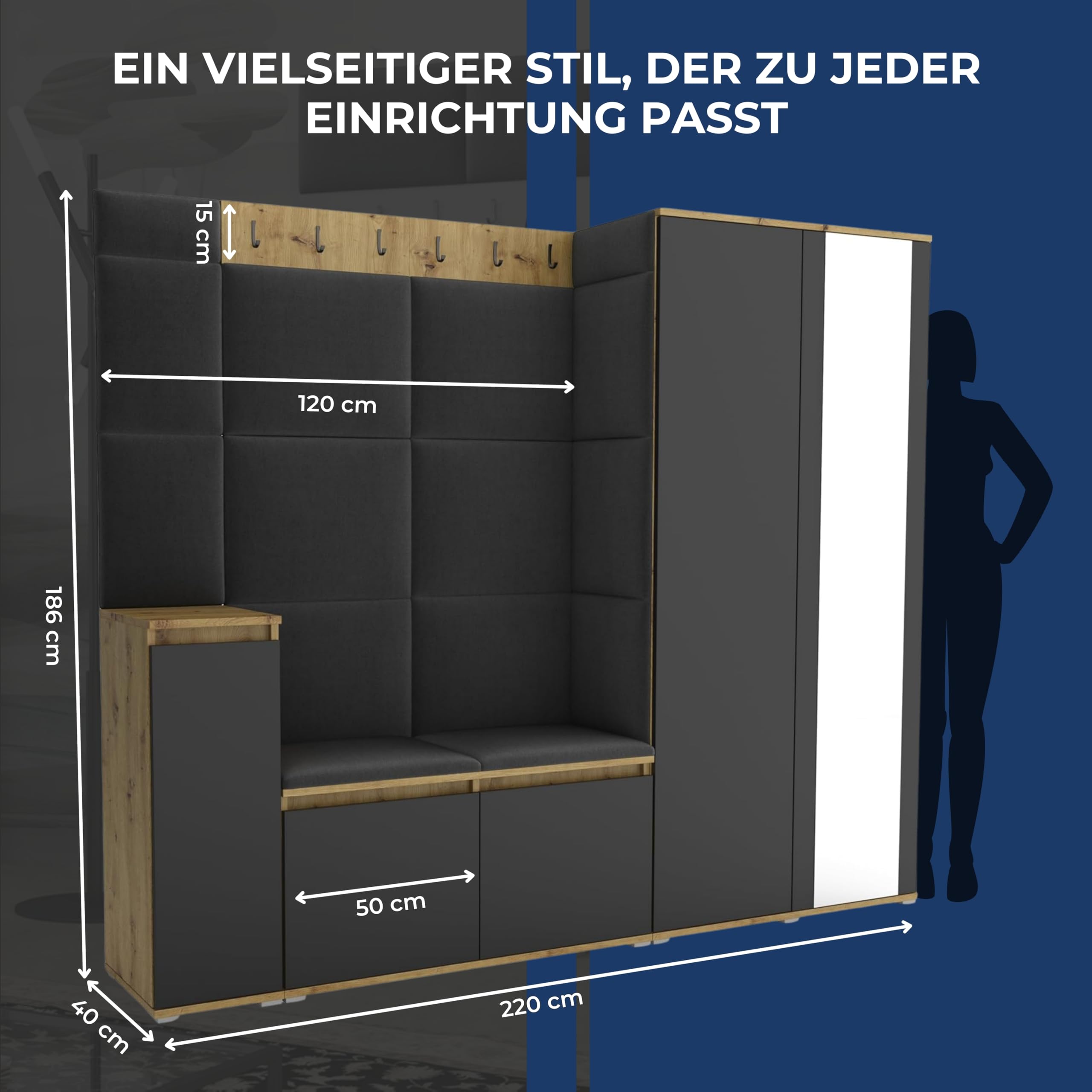 Brent Garderobenschrank Flur Artisan Eiche Schwarz 220 cm Breit Luton 8 Multifunktionale Flurgarderobe Set mit Stauraum