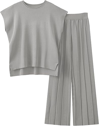 Conjuntos de 2 piezas para mujer, conjuntos de suéter, chaleco de punto, pantalones de cintura elástica