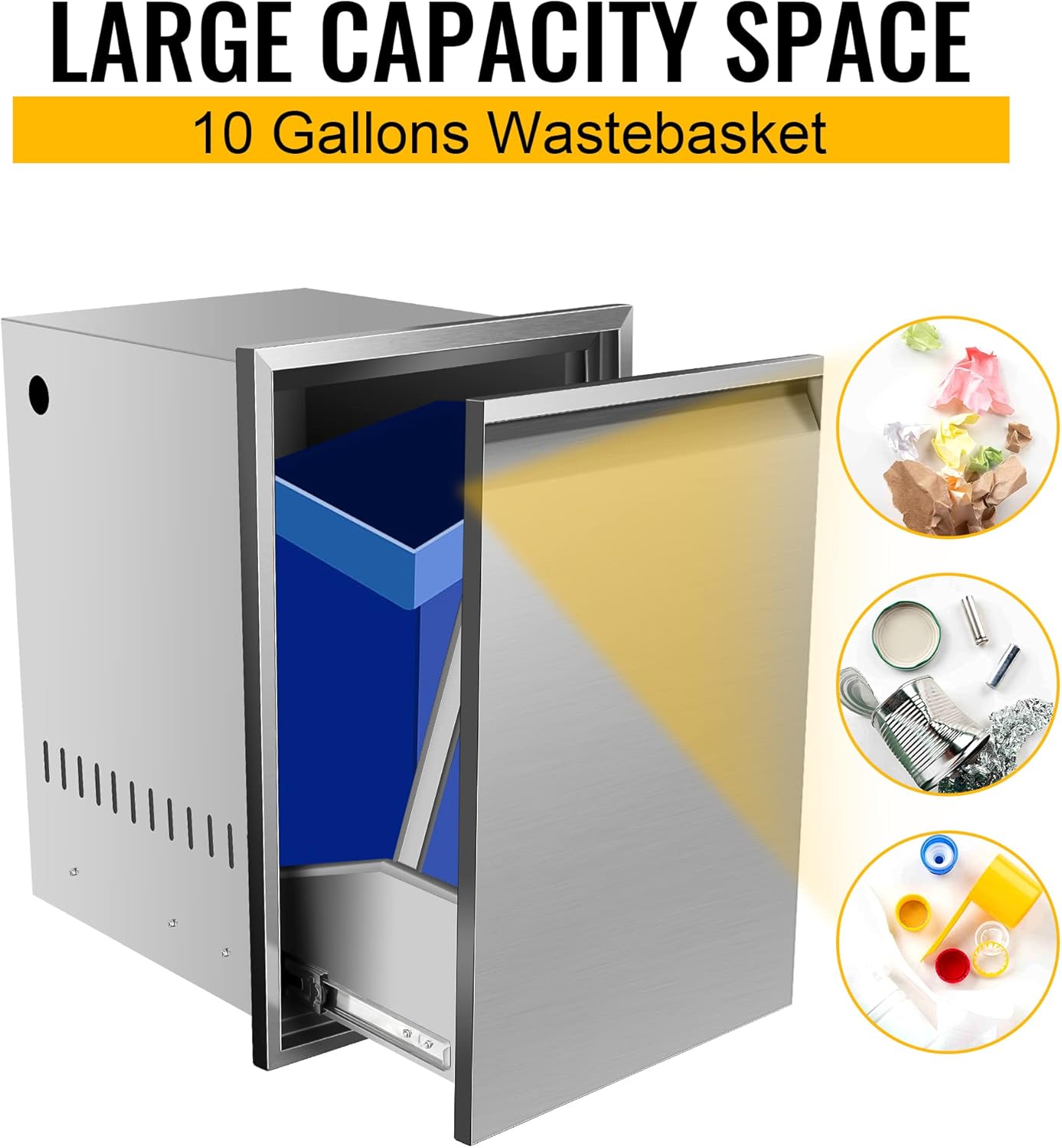 Outdoor Kitchen Trash Drawer, 304 Stainless Steel 10-Gallon Waste Bin Pull-Out Drawer, Rust-Resistant, Large Capacity, Easy to Clean, Perfect for BBQ Islands and Outdoor Cooking