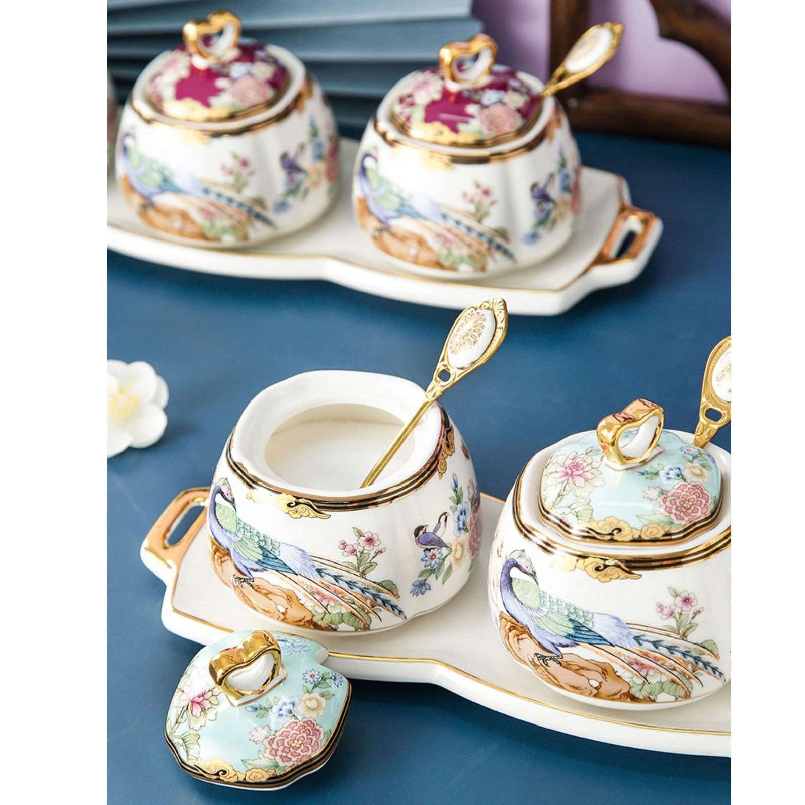 Szklane słoiki na przyprawy, zestaw porcelanowych słoików z poetyckim wystrojem, ręcznie robione ceramiczne słoiki na przyprawy z pokrywkami i łyżką(kolor jasny)