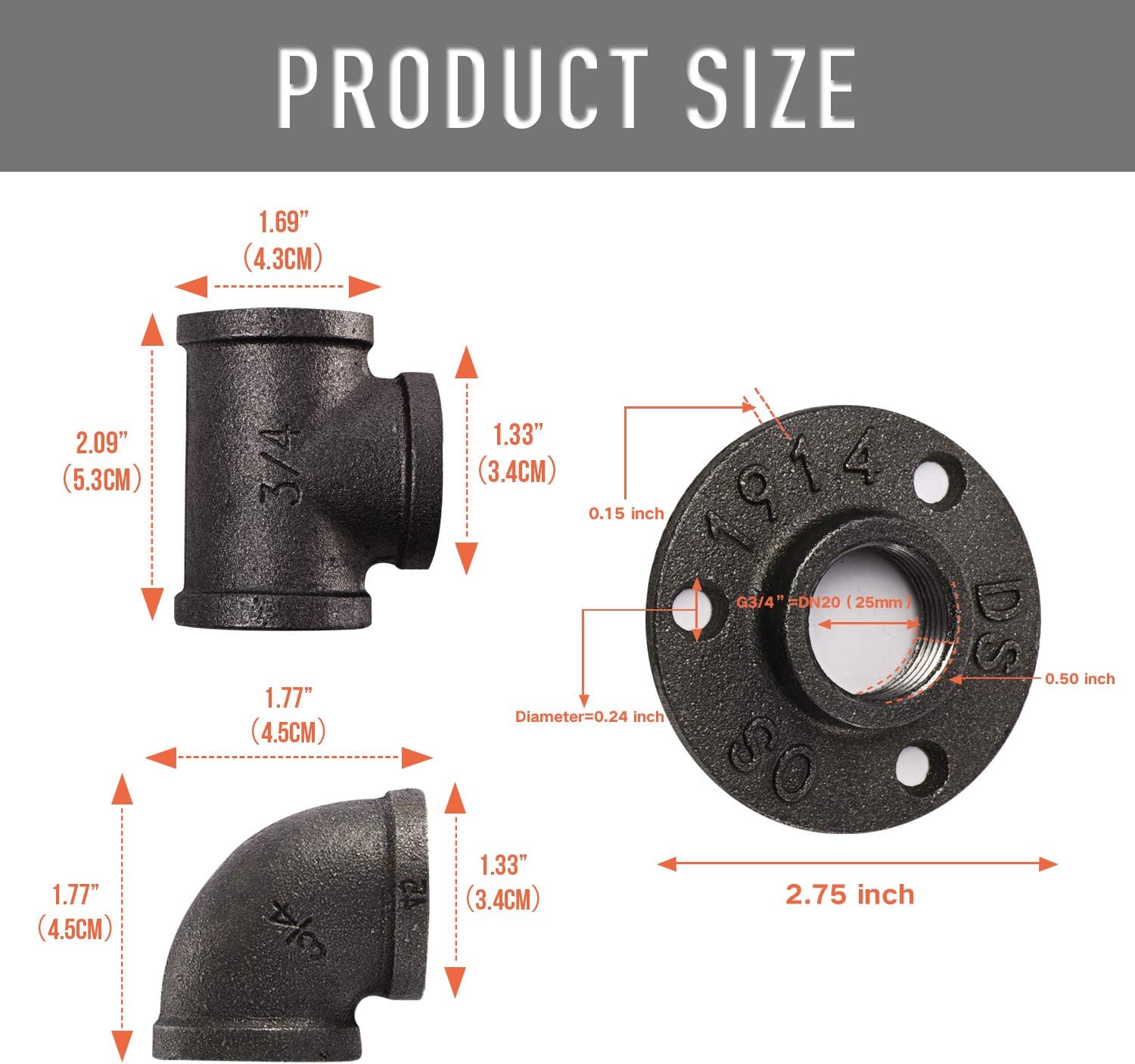 Home TZH Pipe Fitting, 30 Pack 3/4" Gray Floor Flange/Elbow/Tee Combo for Industrial vintage style, Flanges/Elbow/Tee with Threaded Hole for DIY Project/Furniture/Shelving Decoration (30, 3/4") - - 