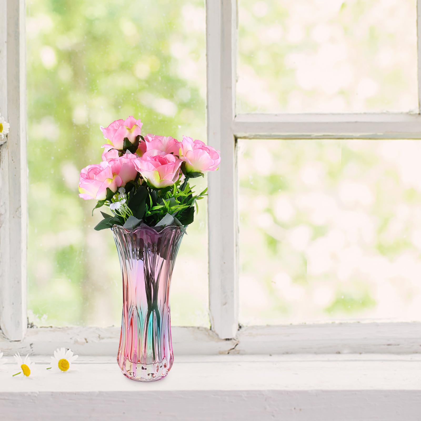 Dekorative Glasvase aus Dickem Kristallglas mit Buntem Federmuster Einfache Stil Blumenvase für Blumen und Grüne Pflanzen als Tisch und Szenendekoration