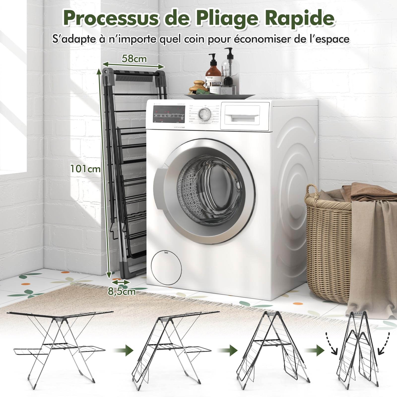 COSTWAY Etendoir Linge Pliable, Sechoir a Linge Pliable 33 Barres, Pieds en Acier Inoxydable, Hauteur Réglable 75-130 cm, Pinces à Chaussettes, Tancarville Seche Linge Intérieur Extérieur