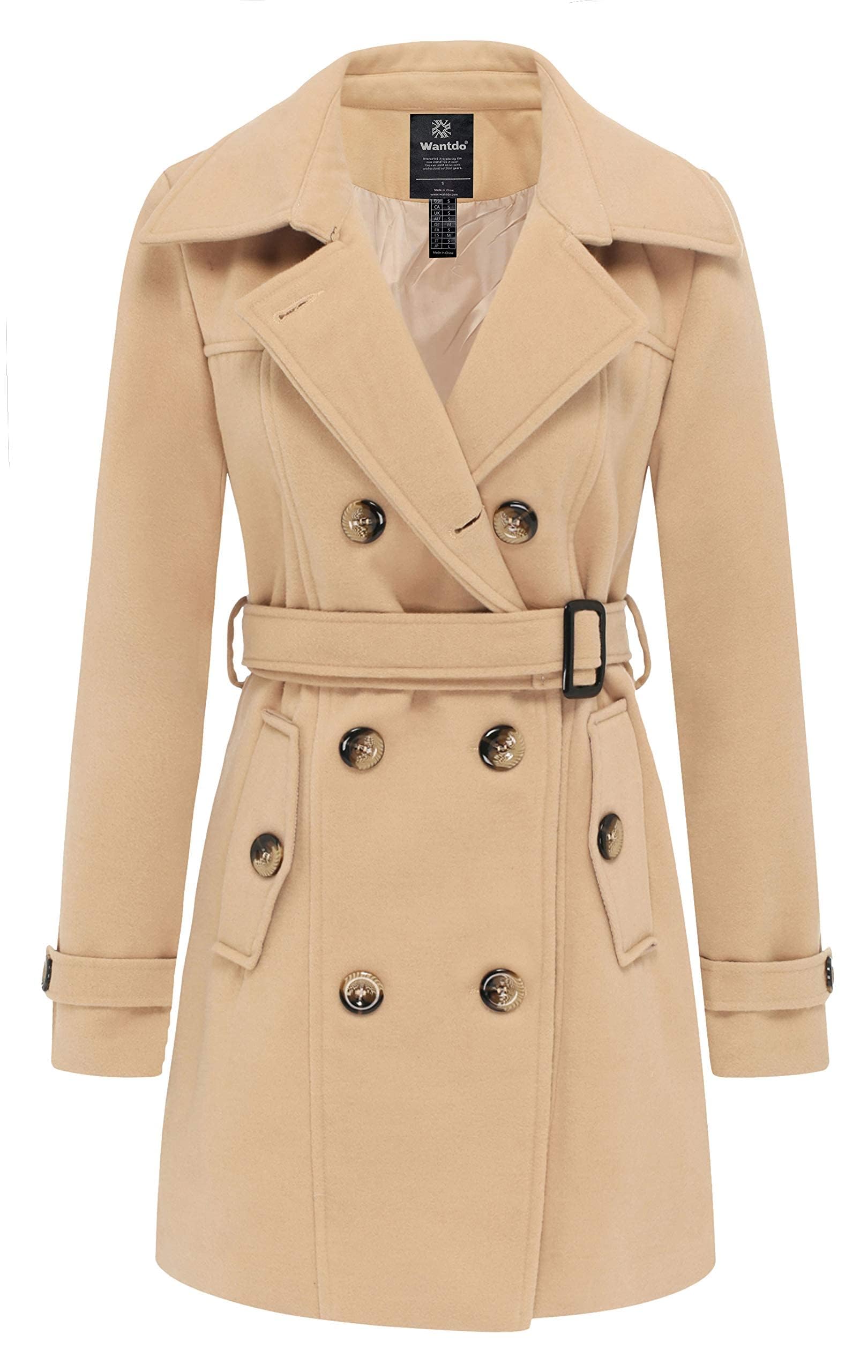 Wantdo Damen Winterdicke Jacken Warme Winddicht Jacke Wollmischung Erbsenmäntel Zweireihige Mittellange Mäntel Slim Fit Cabanjacke mit Schulterklappen
