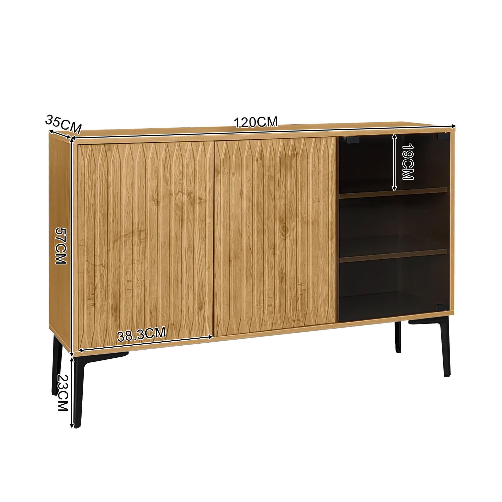 Aparador con Tira de Luz LED, Elegante Vitrina Retro con Puertas de Vidrio Transparente Curry, Aparador Estilo Campestre, Mueble de Cocina Comedor, 120 x 35 x 57 cm, Mueble de Salón