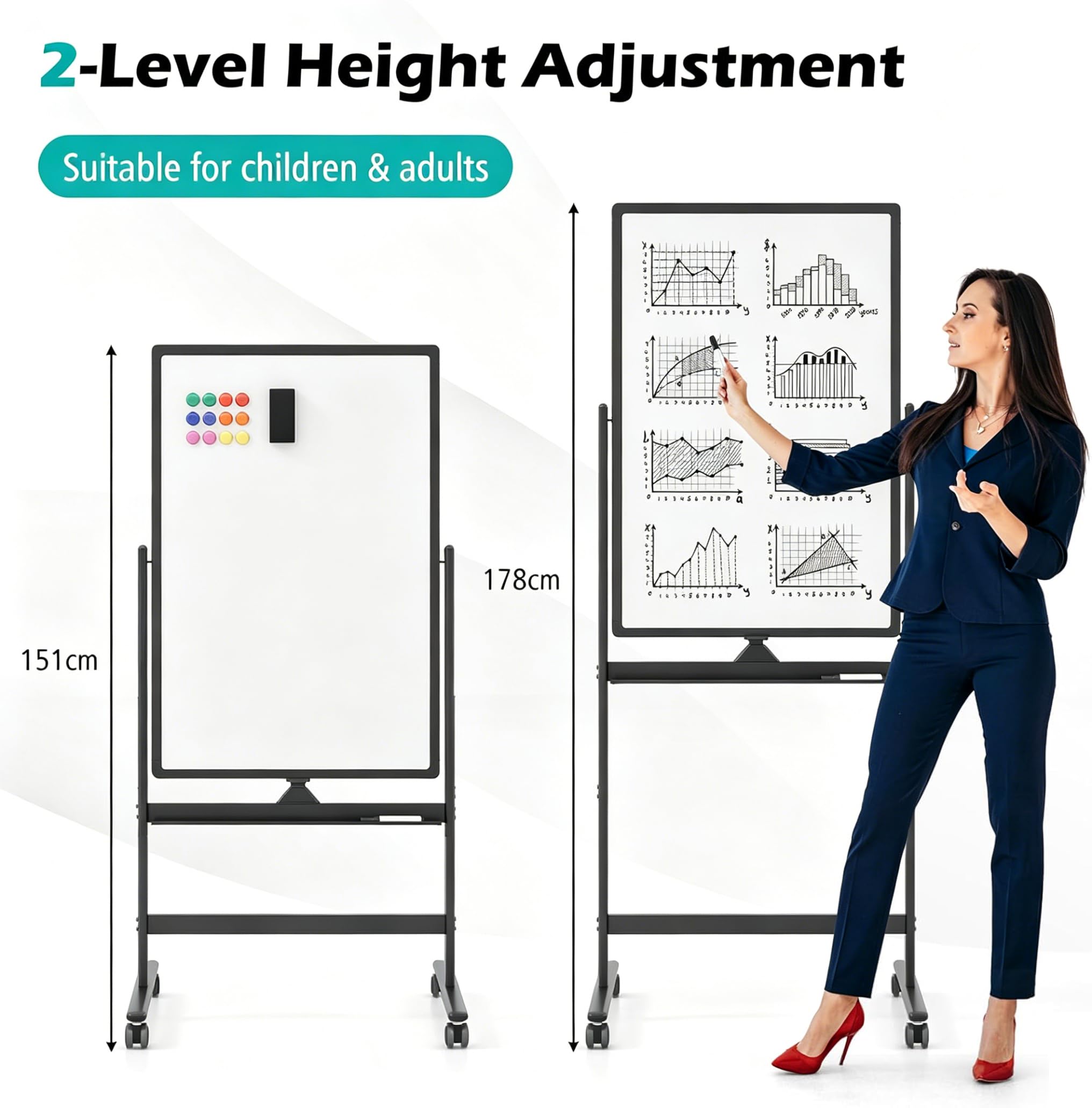 GIANTEX Doppelseitiges mobiles Whiteboard, 60 x 90 cm, magnetisches Whiteboard höhenverstellbar mit Rollen & Ständer, Magnettafel mit Stiftablage, inkl. Zubehör, Trocken abwischbar (Schwarz)