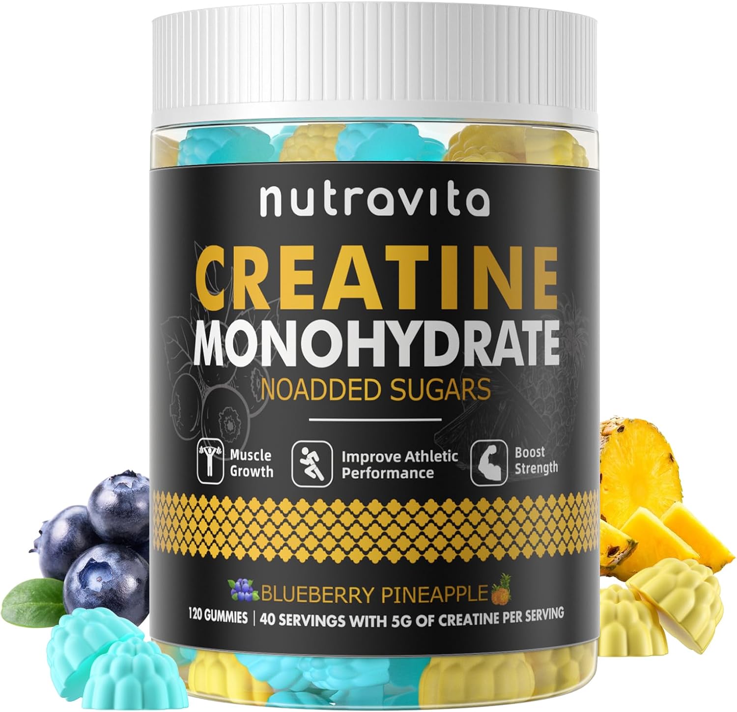 Nutravita NSF Certified Creatine Gummy - Creatine Monohydrate Gummies for Men & Women-5g of Creatine Monohydrate per Serving - Sugar Free,Vegan,Blueberry Pineapple Flavor, 120 Count - Image 8