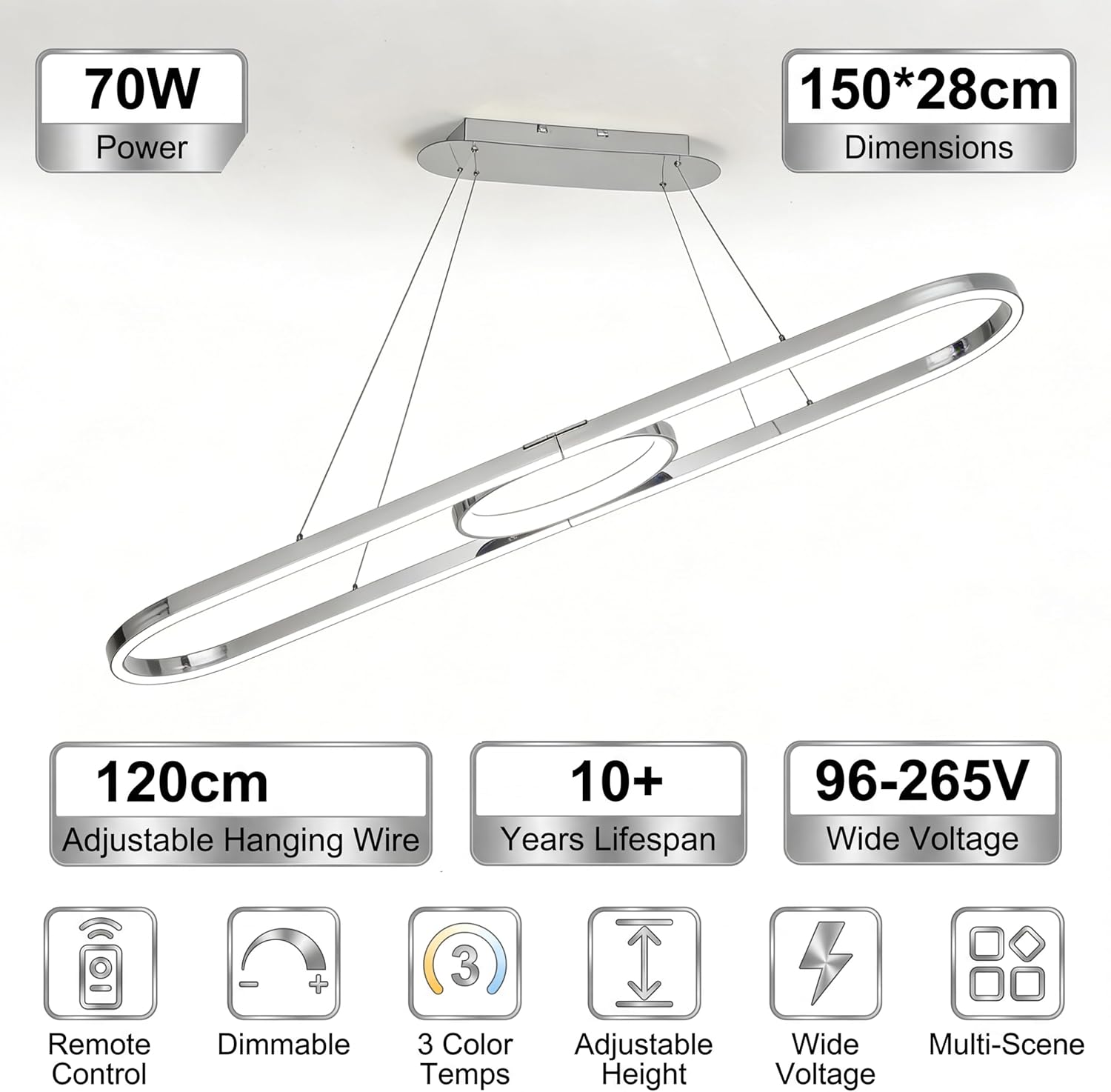 Modern LED Pendant Lights, Dimmable Linear Ring LED Chandelier Lighting, Chrome & Gold Dining Room Hanging Light Fixtures Kitchen Island Pendant Light for Dining Table (Chrome 59''(150CM))