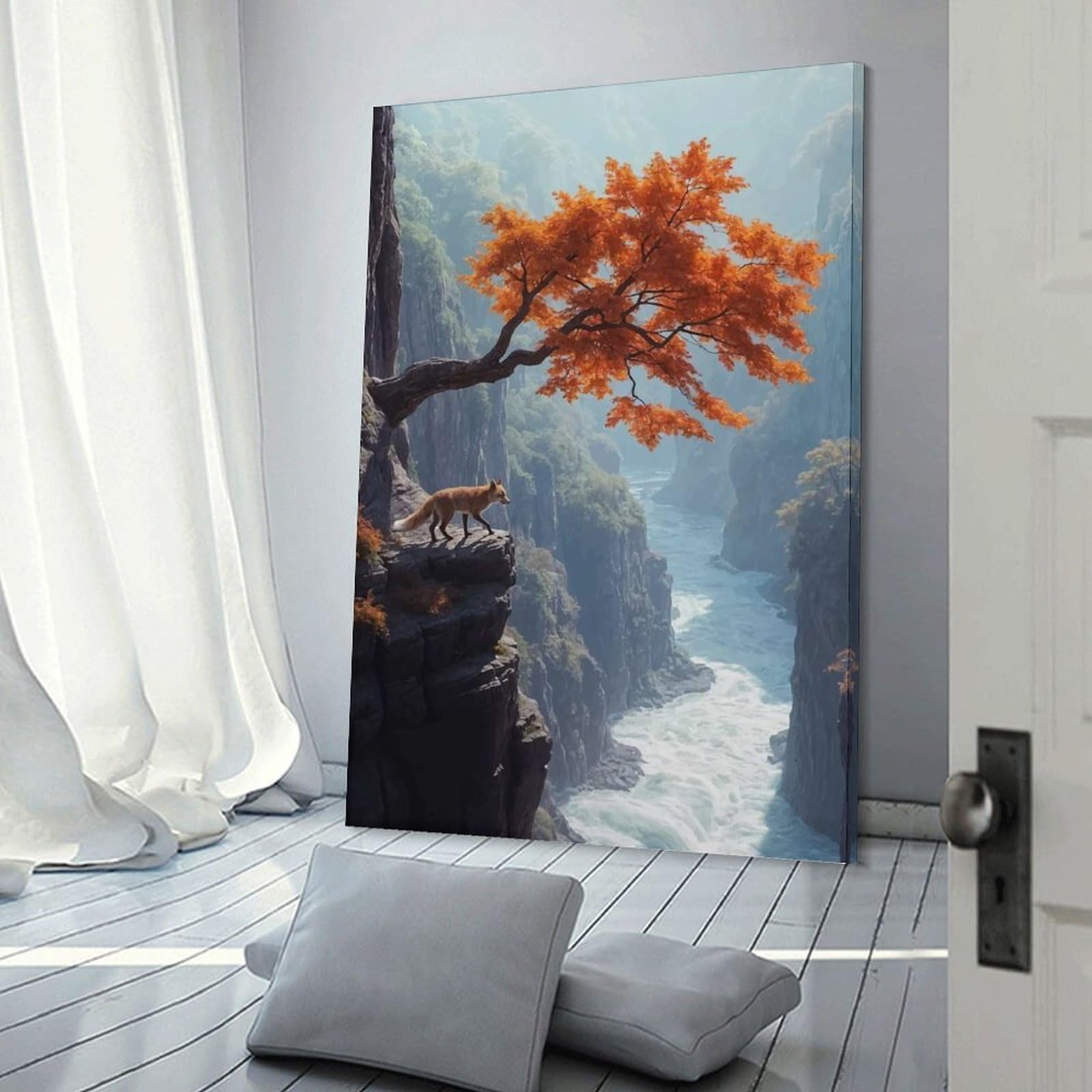 Junmoney Wall Picture Print Fox on Cliff with Autumn Tree, 24x36inch(60x90cm), for Living Room, Lounge Or Sitting Room, Modern Wall Decor for Cosy Interiors