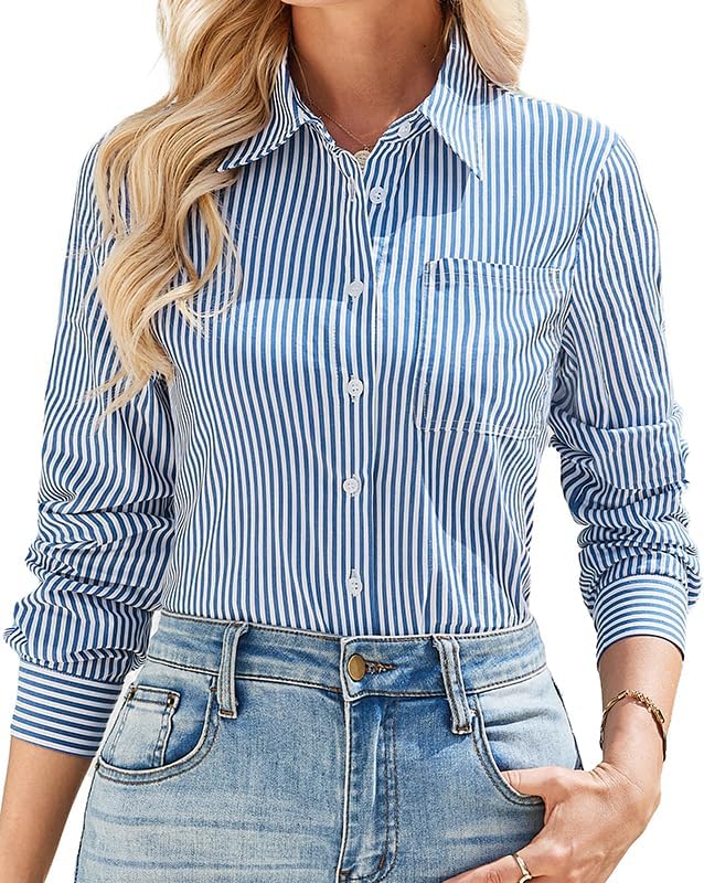 IBAOTORONI Women’s Striped Button Down Shirt Cotton Long Sleeve Collared Casual Work Stripe Blouse Tops with Pocket