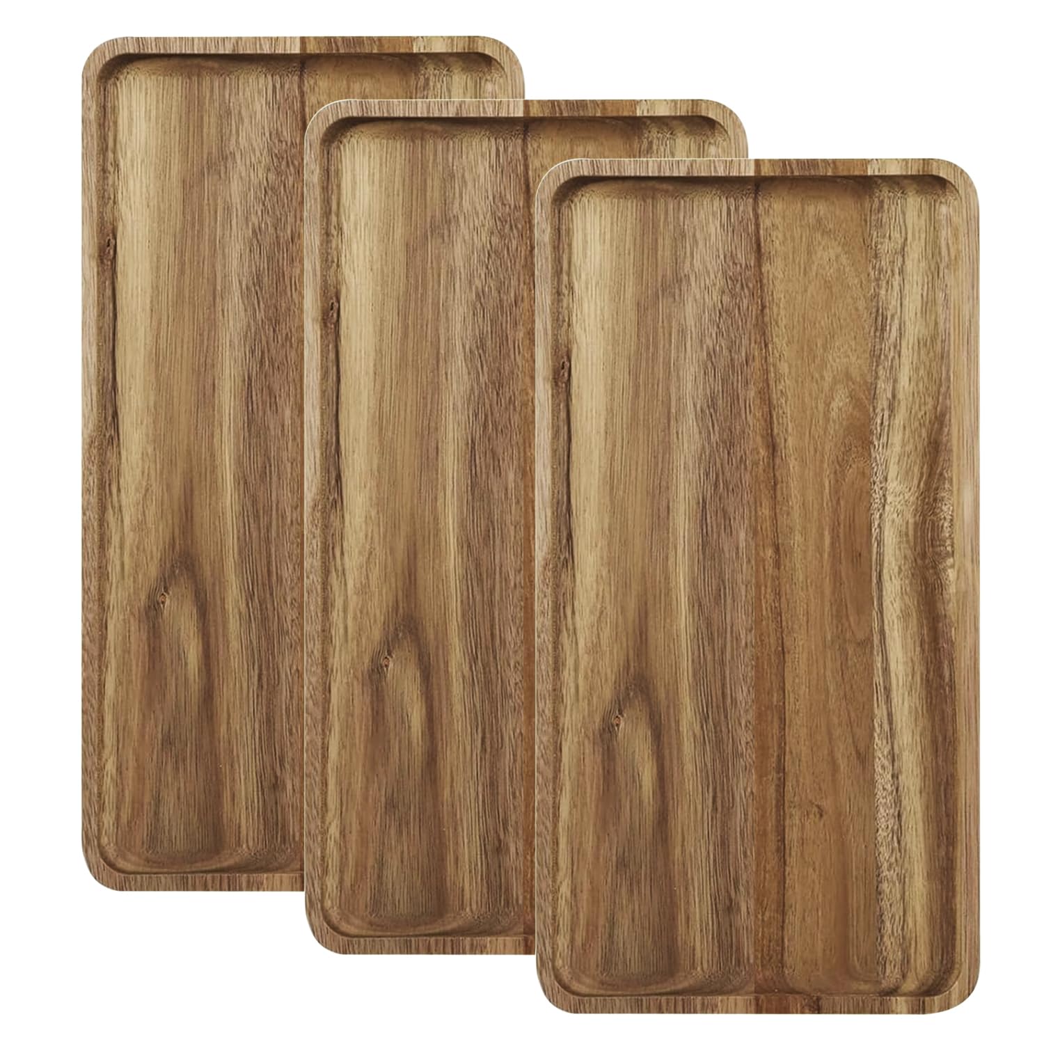 YUANQIAN Acacia Wooden Serving Tray - Wooden Charcuterie Board - Rectangle Wood Platter for Serving Food, Fruit & Cheese Board 35cmx18cm Wood Dessert Trays (3)