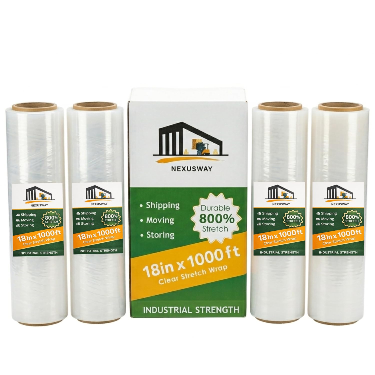NEXUSWAY 4 Rolls 18'' Shrink Wrap for Moving - Stretch Film Pallet Wrap Roll Heavy Duty 1000 feet 80 Gauge Industrial Strength up to 800% Stretch 20